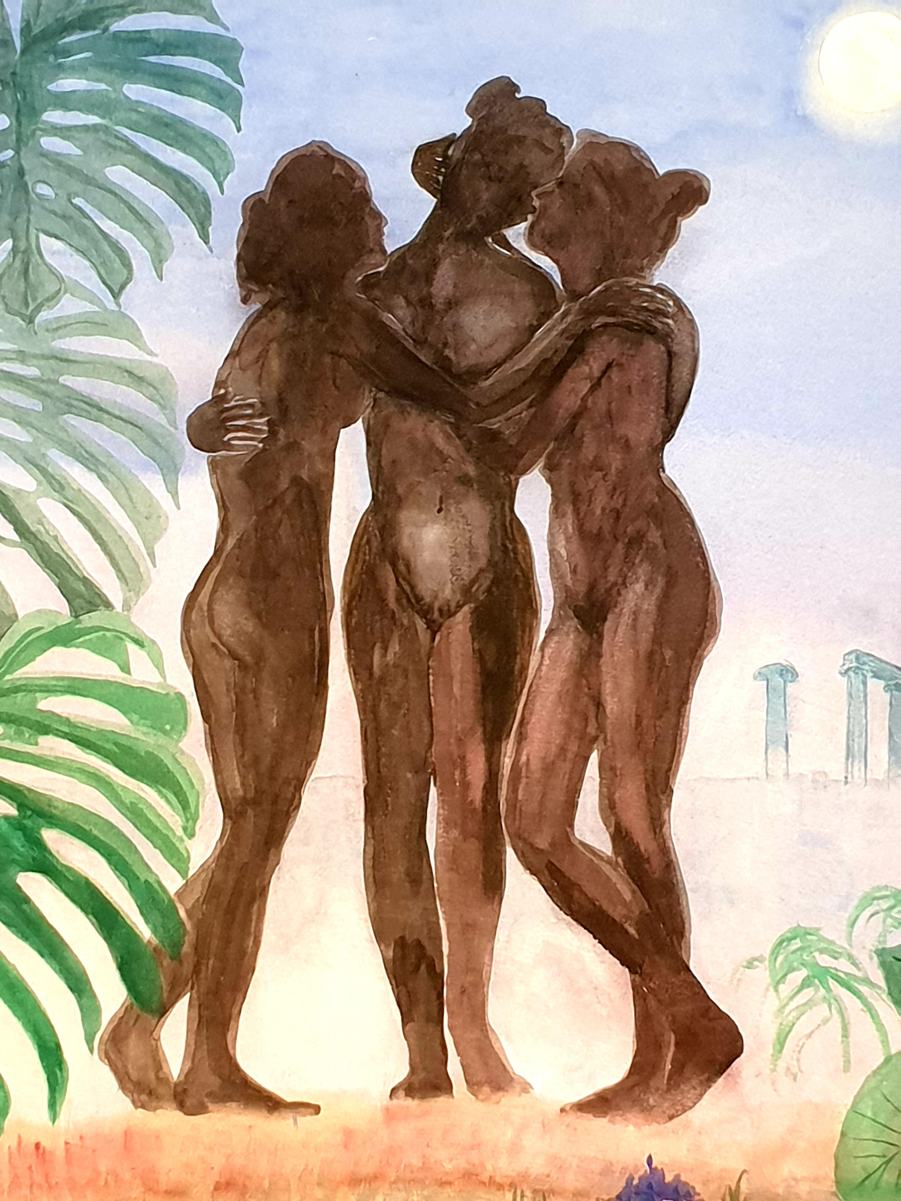 Surrealist Gouache and Watercolour on Paper, The Three Graces - Painting by Derek Carruthers 