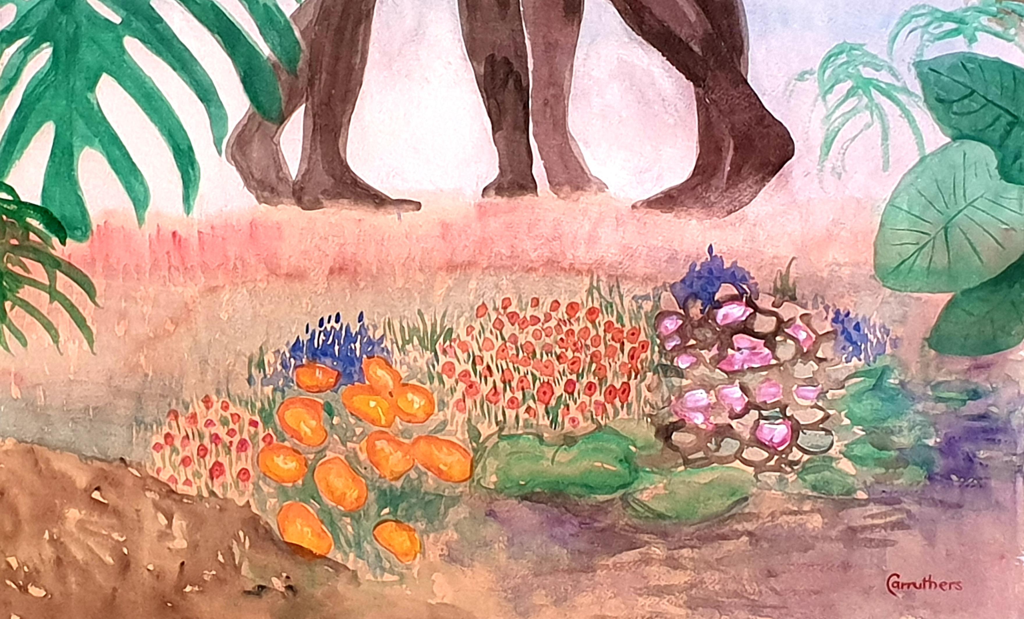 Gouache et aquarelle surréalistes sur papier de la fin du XXe siècle représentant Les Trois Grâces par l'artiste britannique Derek Carruthers. Le tableau est signé en bas à droite.

Une peinture imposante et très colorée de trois figures féminines