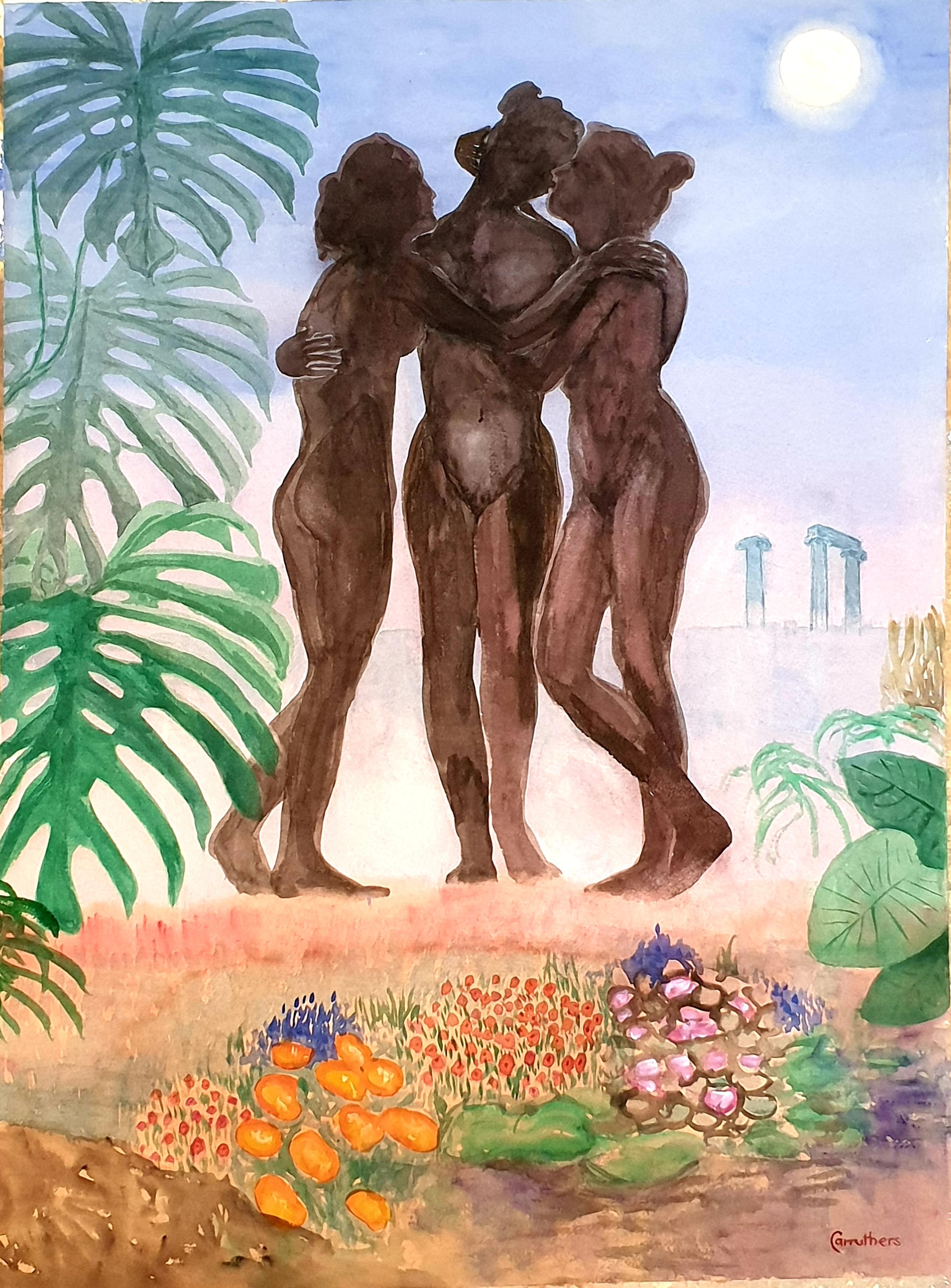 Derek Carruthers  Figurative Painting - Surrealist Gouache and Watercolour on Paper, The Three Graces