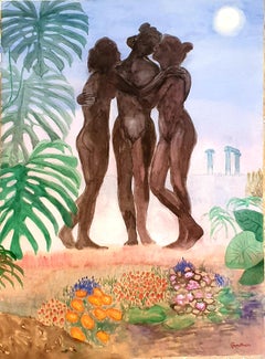 Vintage Surrealist Gouache and Watercolour on Paper, The Three Graces