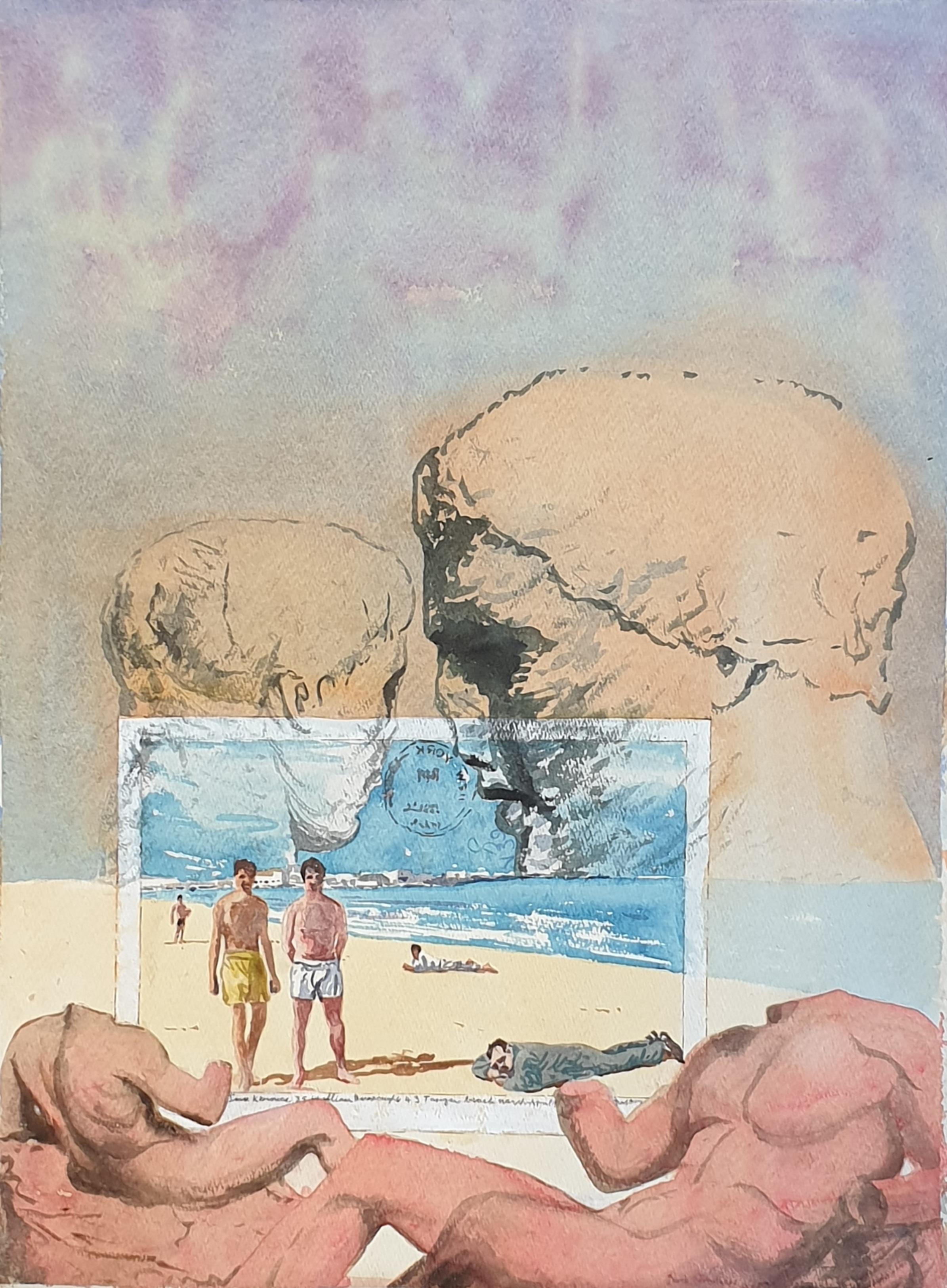 Derek Carruthers  Figurative Art - Surrealist Gouache, 'Kerouac, Orlovsky and Burroughs, The Beat Generation'