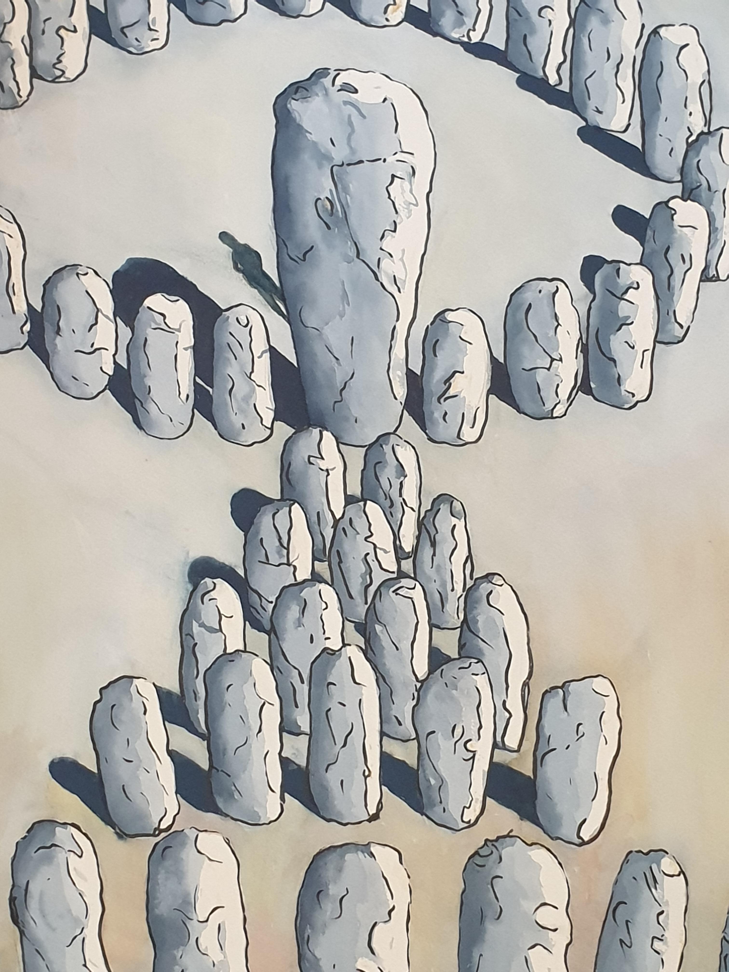 Acrylique surréaliste sur papier de l'artiste britannique Derek Carruthers. Initiale signée DC en bas à droite et signée, datée et titrée '43 Stones' au verso.

Une peinture intrigante et graphique d'une structure semblable à Stonehenge.
