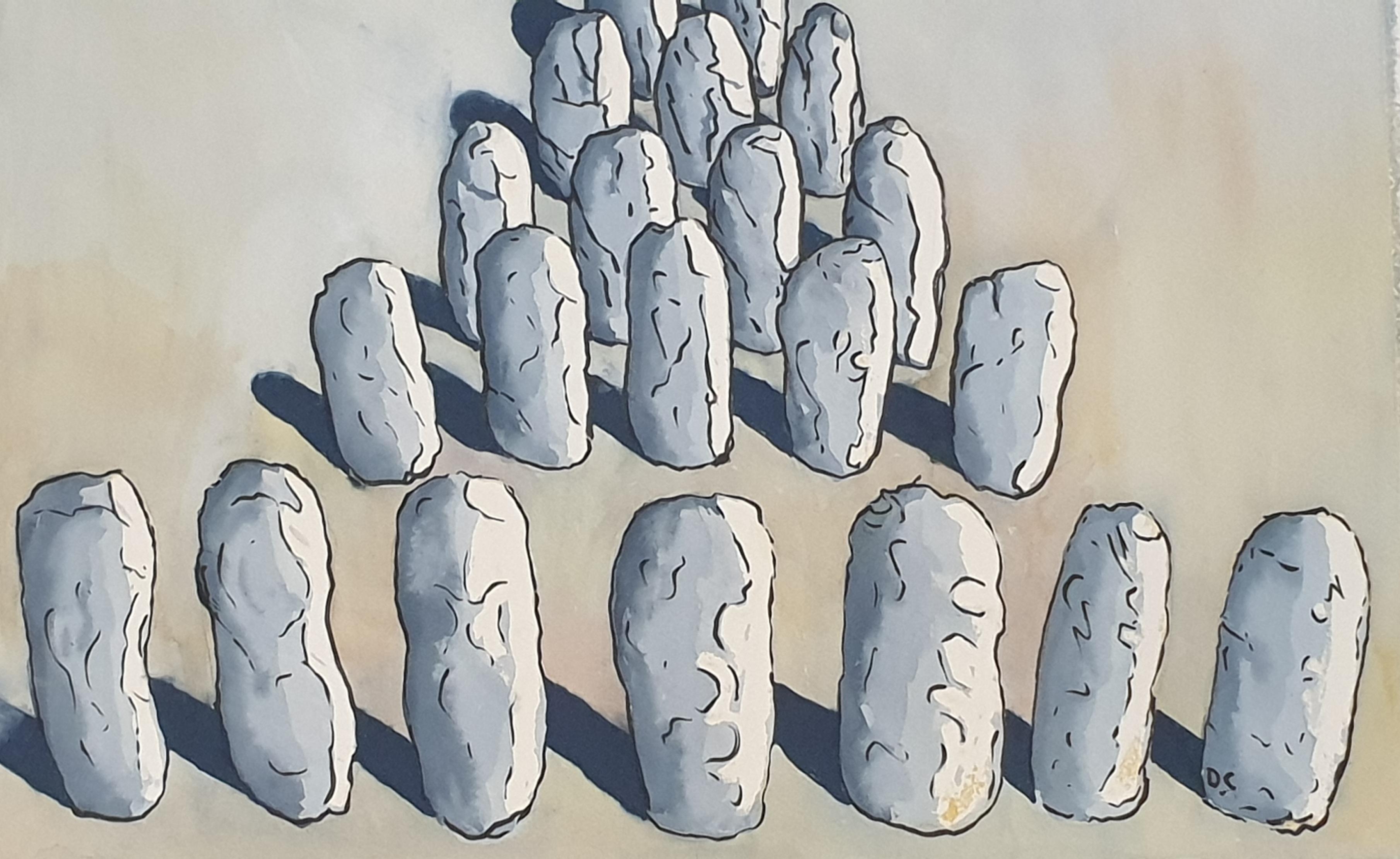  Surrealistisches Gemälde auf Papier. „43 Steine“. im Angebot 1