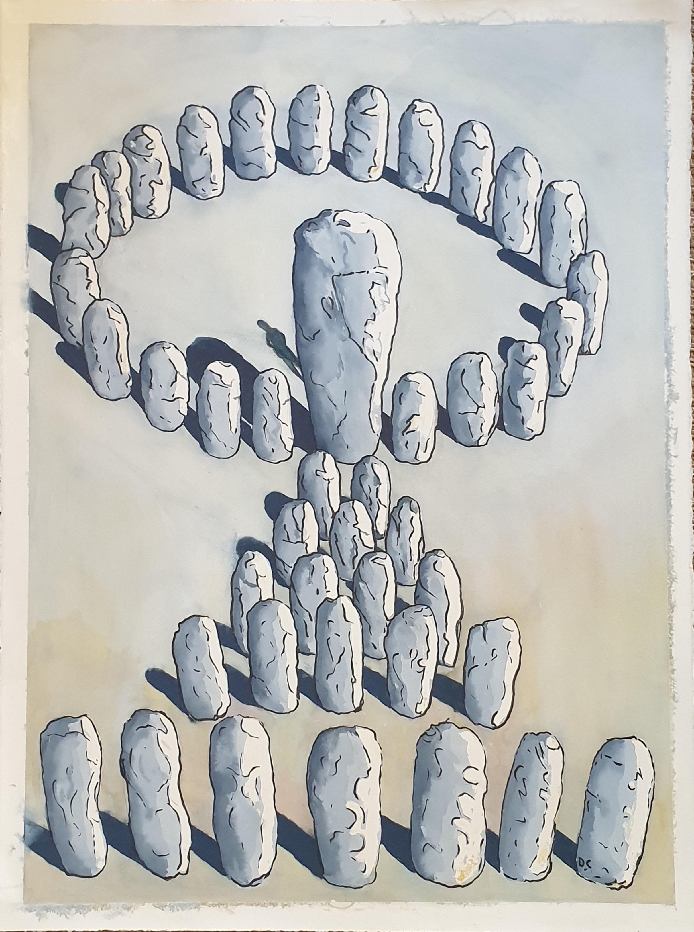 Derek Carruthers  Abstract Painting –  Surrealistisches Gemälde auf Papier. „43 Steine“.