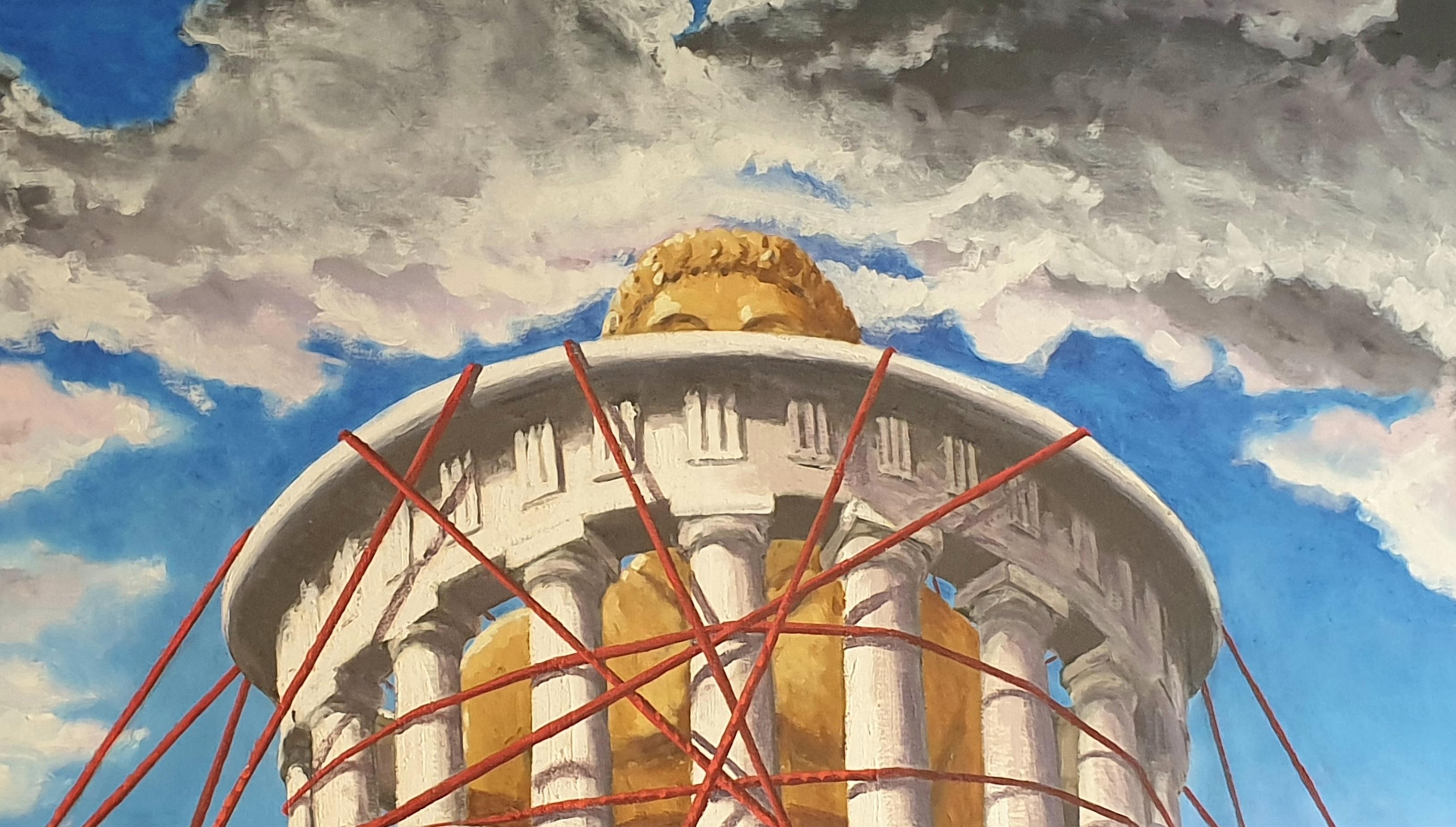 Olio su tela surrealista molto grande della fine del XX secolo. Il Tempio. - Painting di Derek Carruthers 