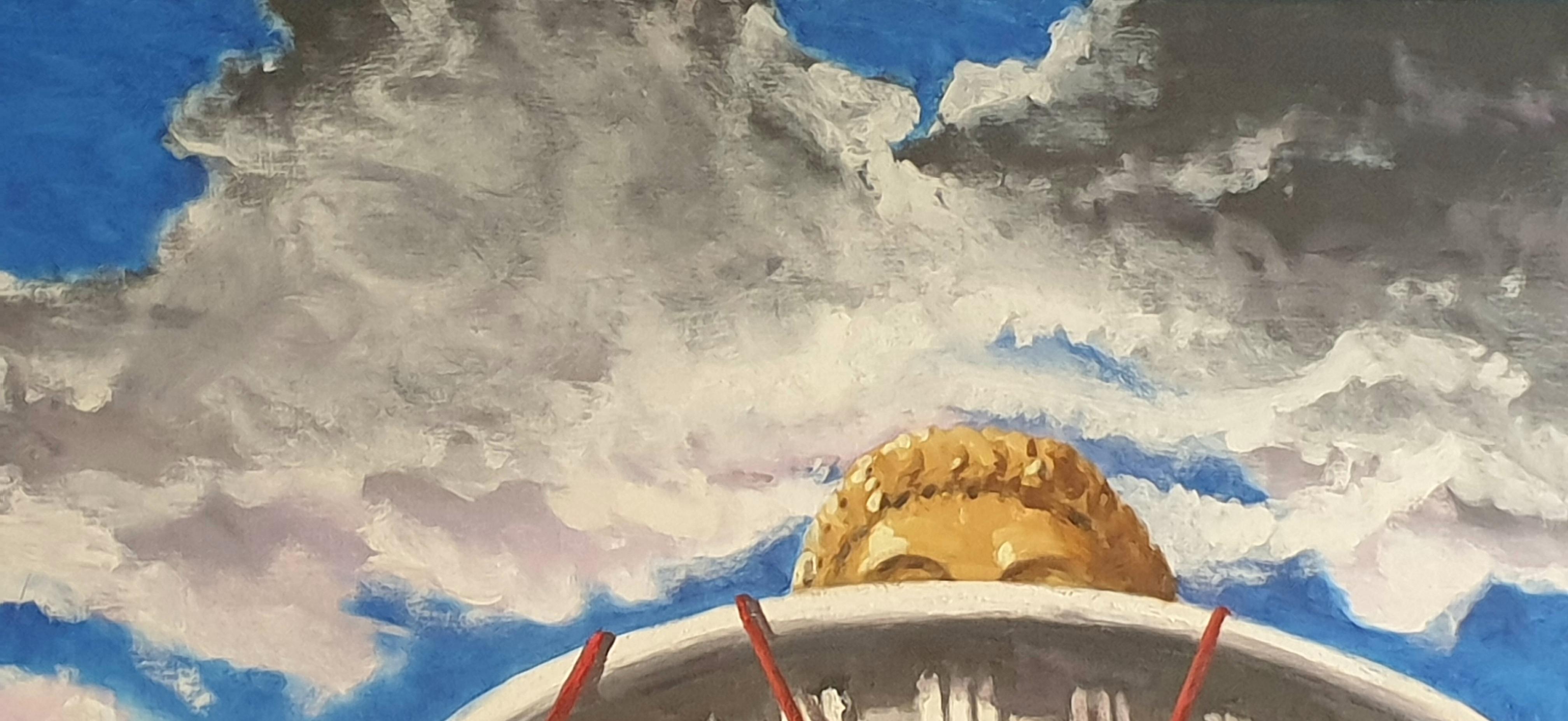 Très grande huile sur toile surréaliste de la fin du 20e siècle, « Le temple ».  - Surréalisme Painting par Derek Carruthers 