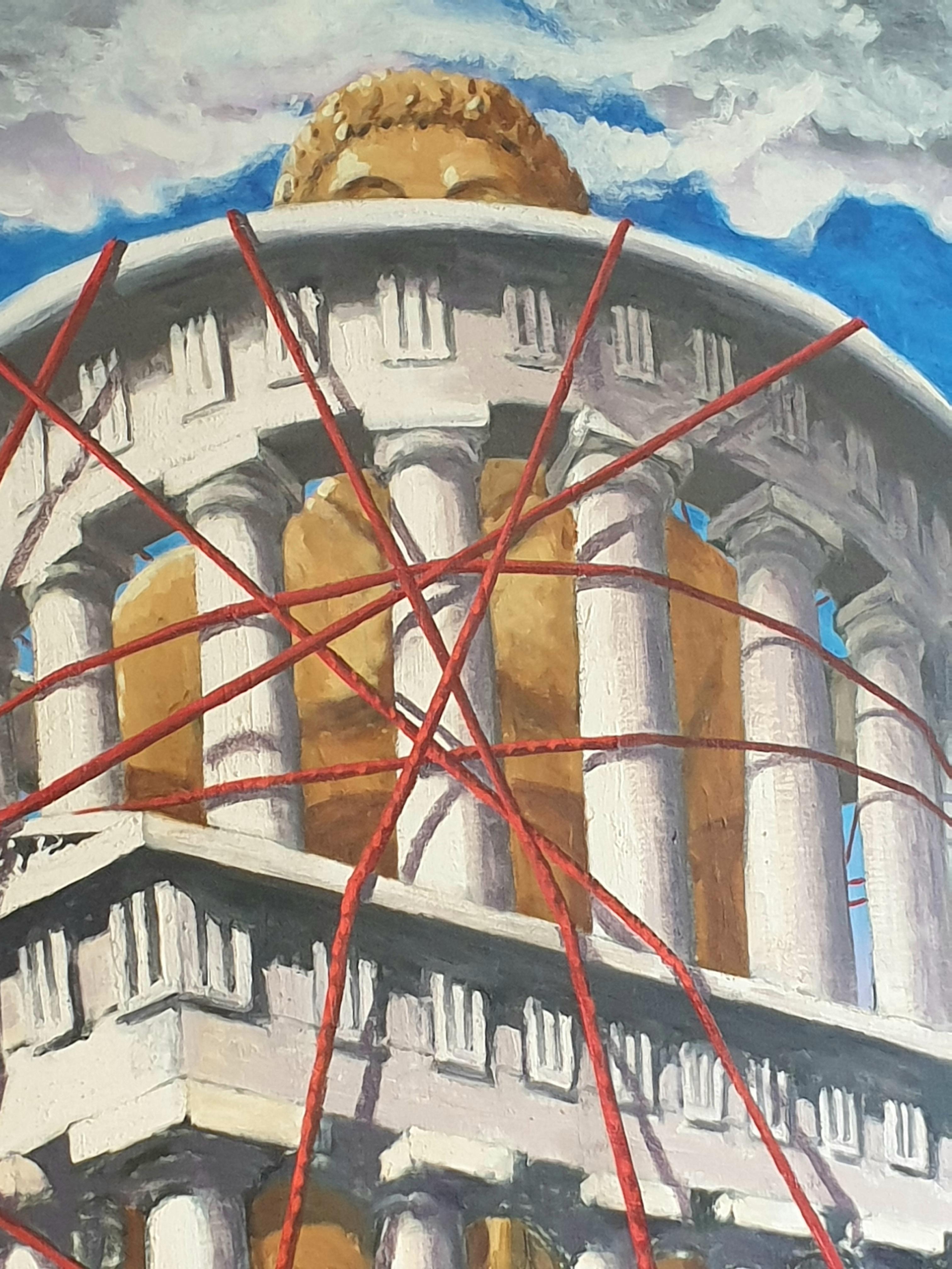 Olio su tela surrealista molto grande della fine del XX secolo. Il Tempio. 1