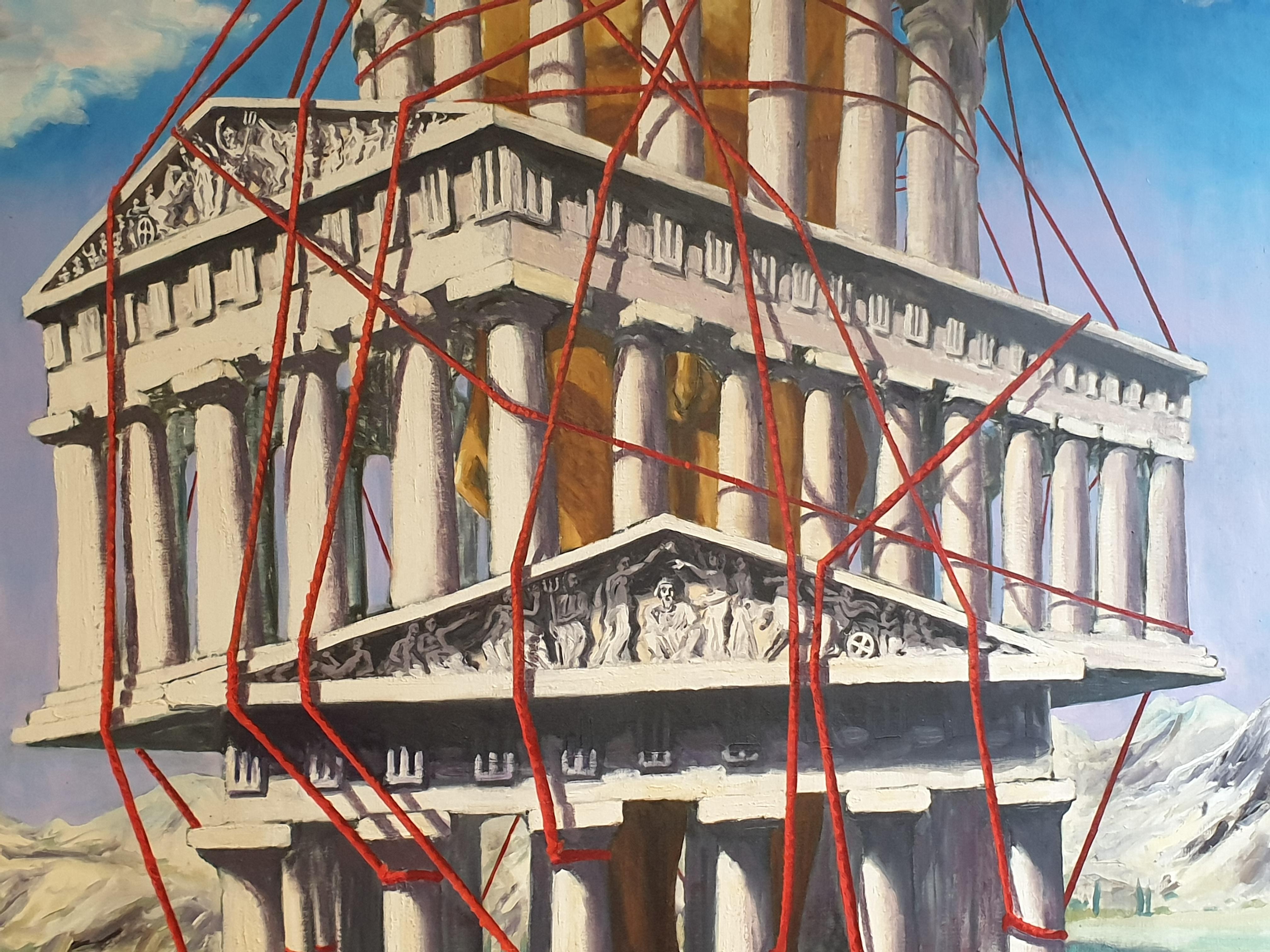 Très grande huile sur toile surréaliste de la fin du 20e siècle, « Le temple ».  en vente 2