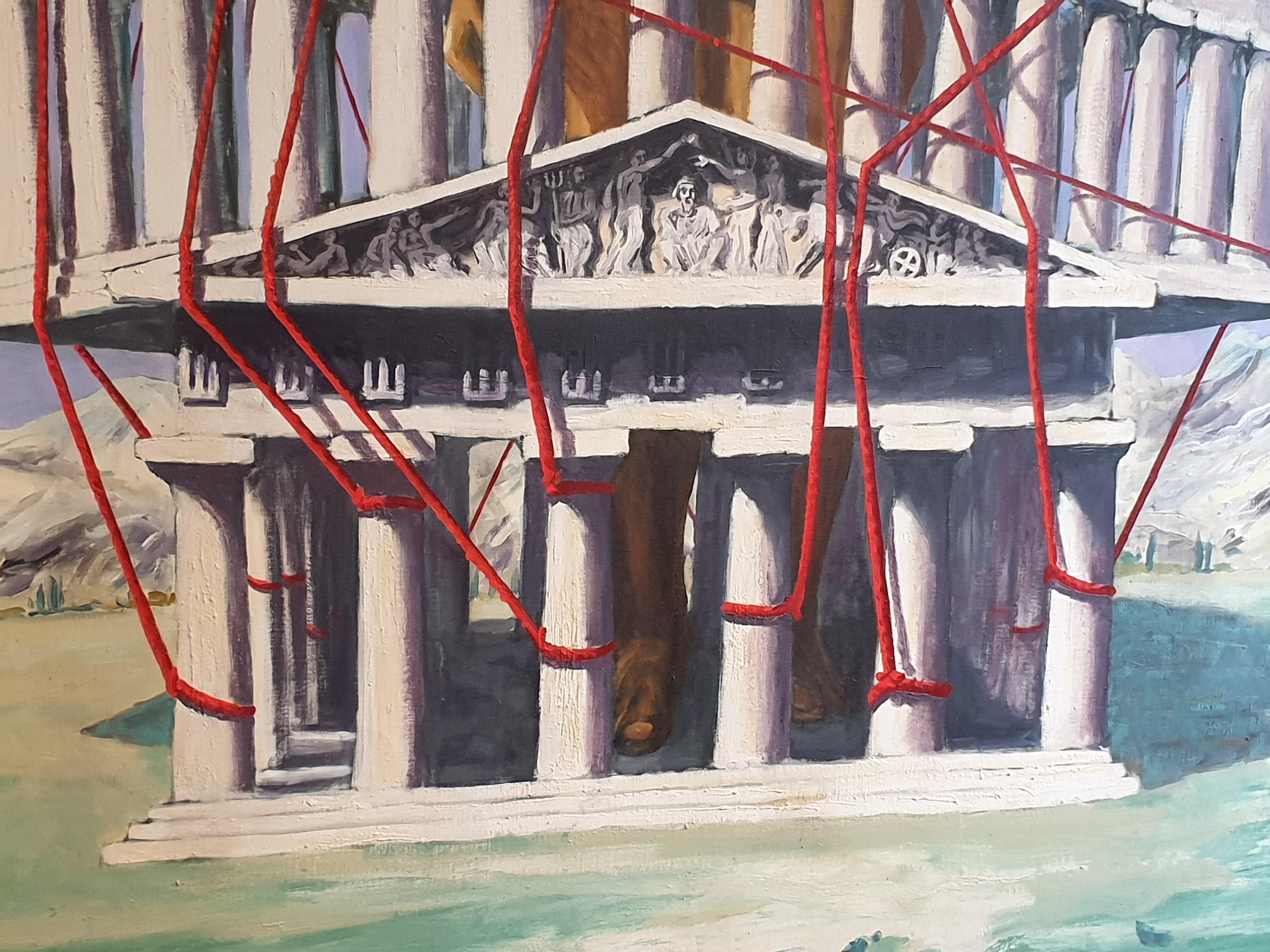 Très grande huile sur toile surréaliste de la fin du 20e siècle, « Le temple ».  en vente 4