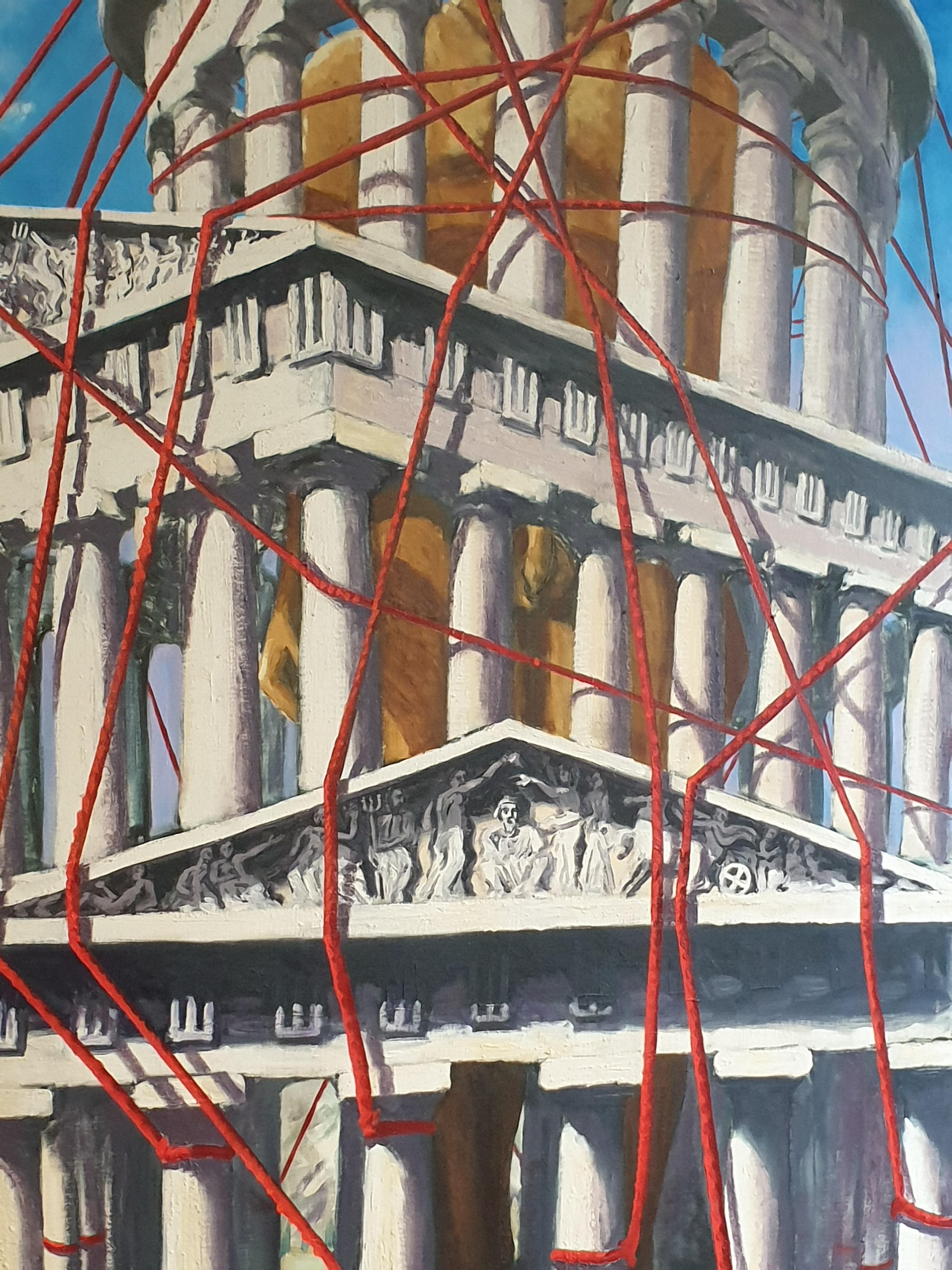 Olio su tela surrealista molto grande della fine del XX secolo. Il Tempio. 6