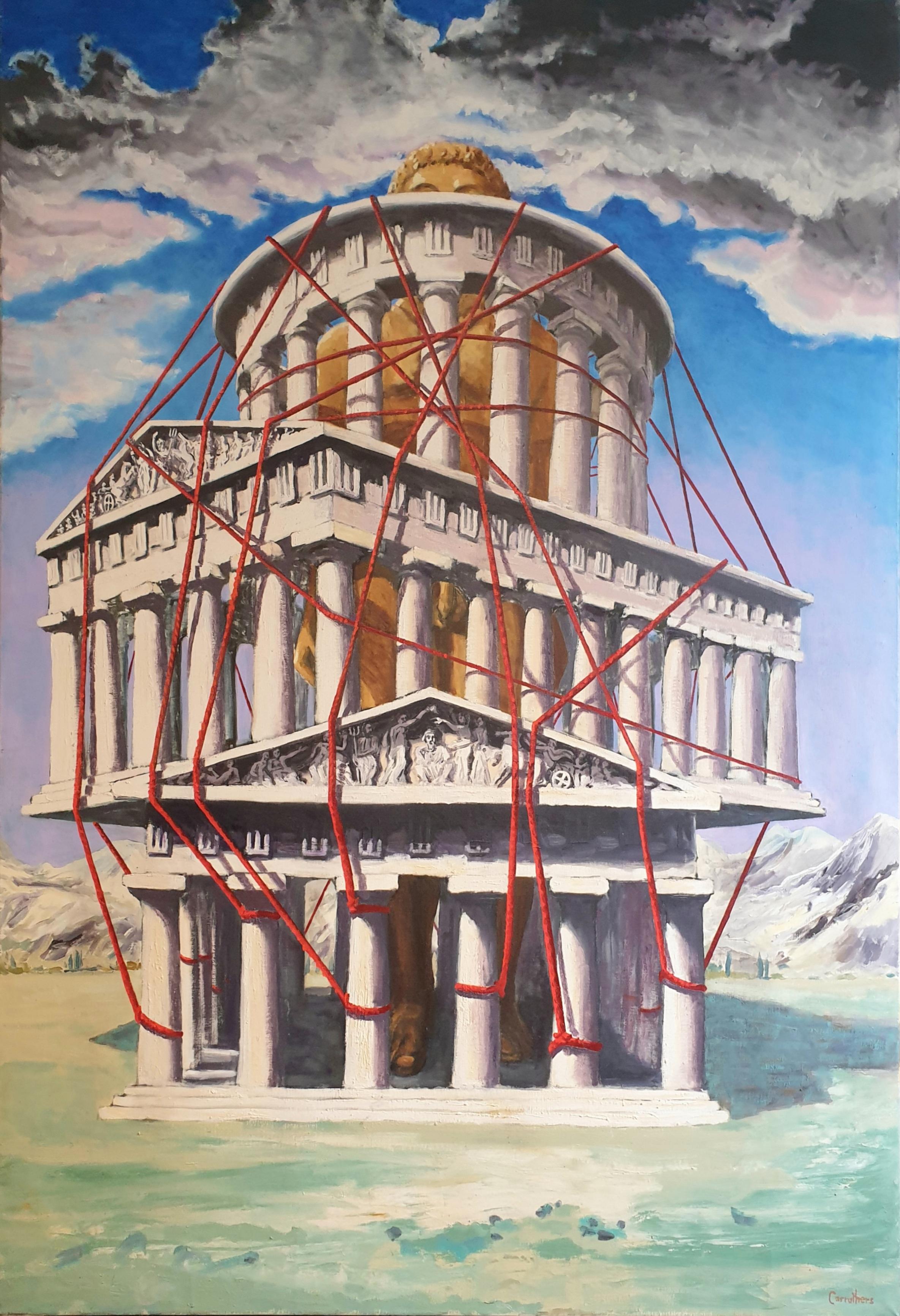 Figurative Painting Derek Carruthers  - Très grande huile sur toile surréaliste de la fin du 20e siècle, « Le temple ». 