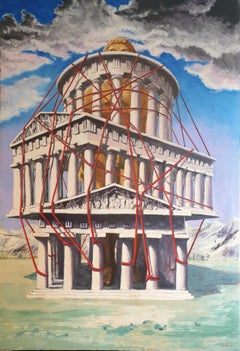 Olio su tela surrealista molto grande della fine del XX secolo. Il Tempio. 
