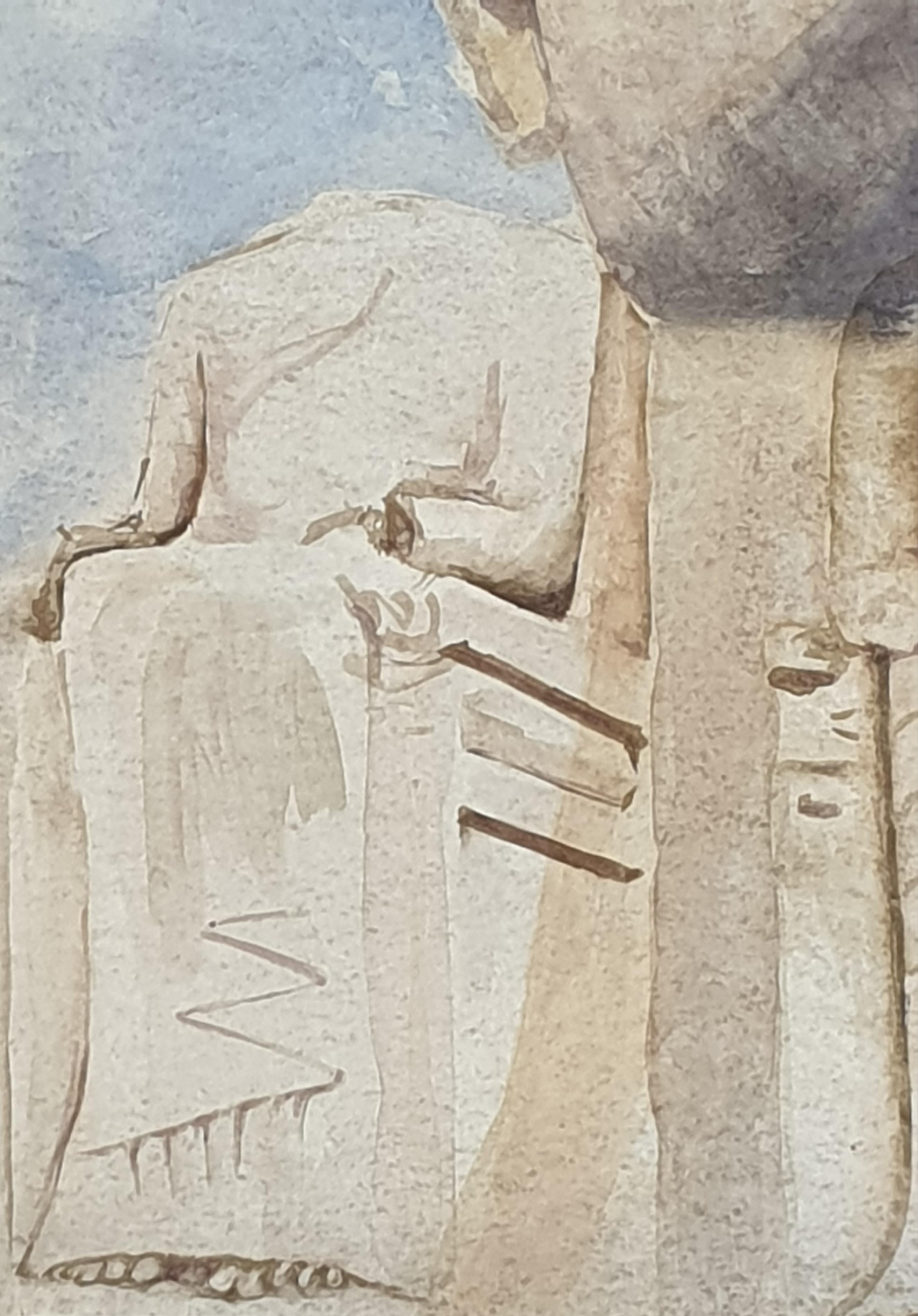 Gouache et aquarelle sur papier de la fin du XXe siècle de l'artiste britannique Derek Carruthers. Le tableau est signé en bas à droite et signé et daté de 1985 au verso. 

Peinture imposante et colorée d'une tête colossale d'un héros classique