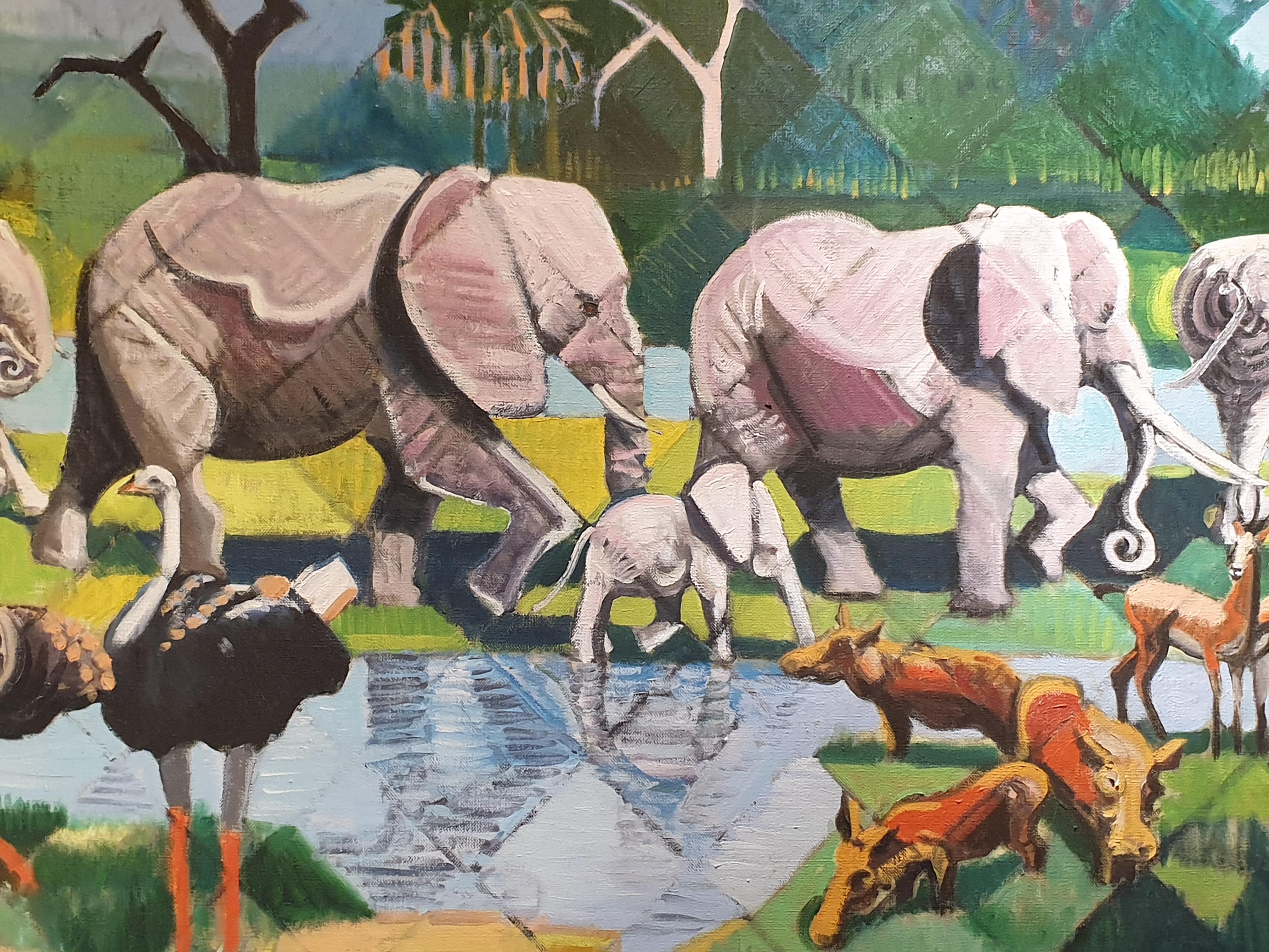 Large Scale Surrealist Oil on Canvas, 'At the Watering Hole'. For Sale 3