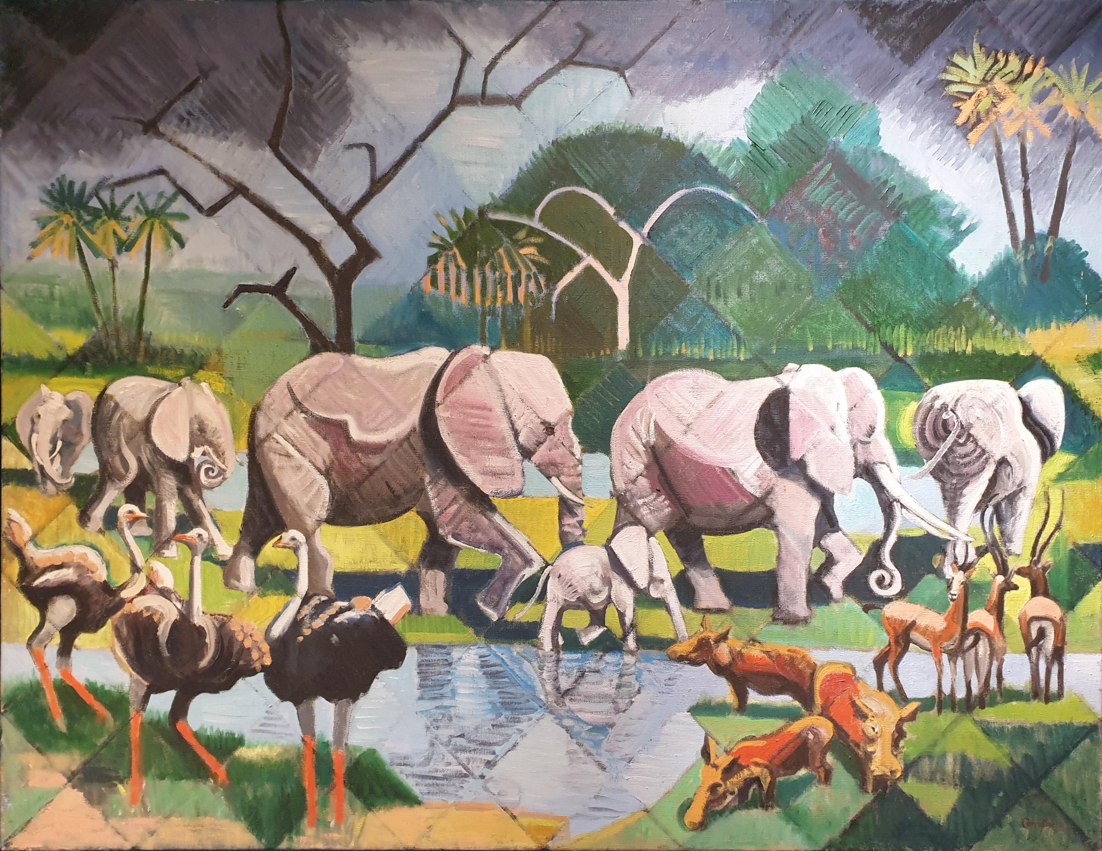 Derek Carruthers Landscape Painting - Large Scale Surrealist Oil on Canvas, 'At the Watering Hole'.