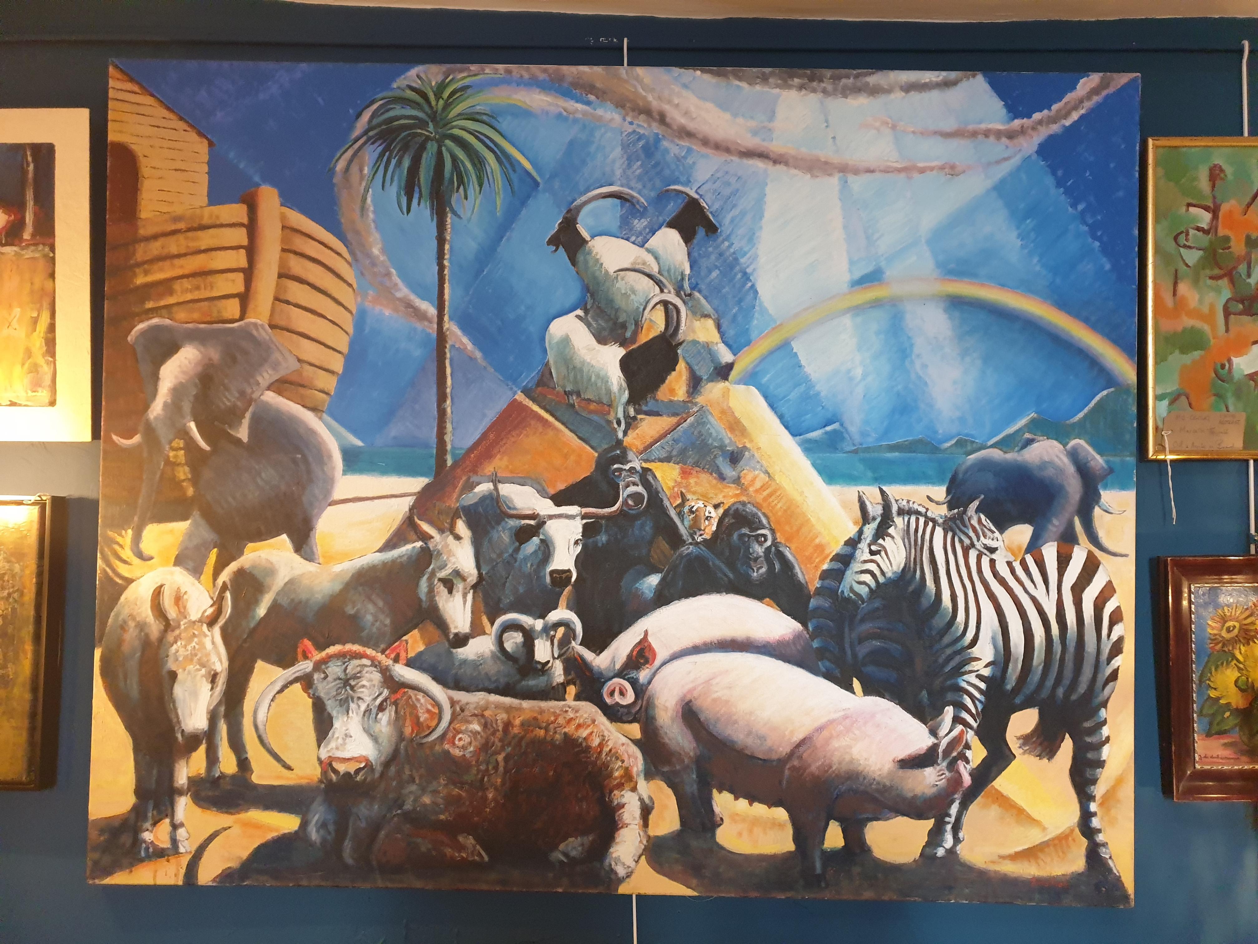Huile sur toile surréaliste à grande échelle, « Noah's Ark and the Animals » - Painting de Derek Carruthers