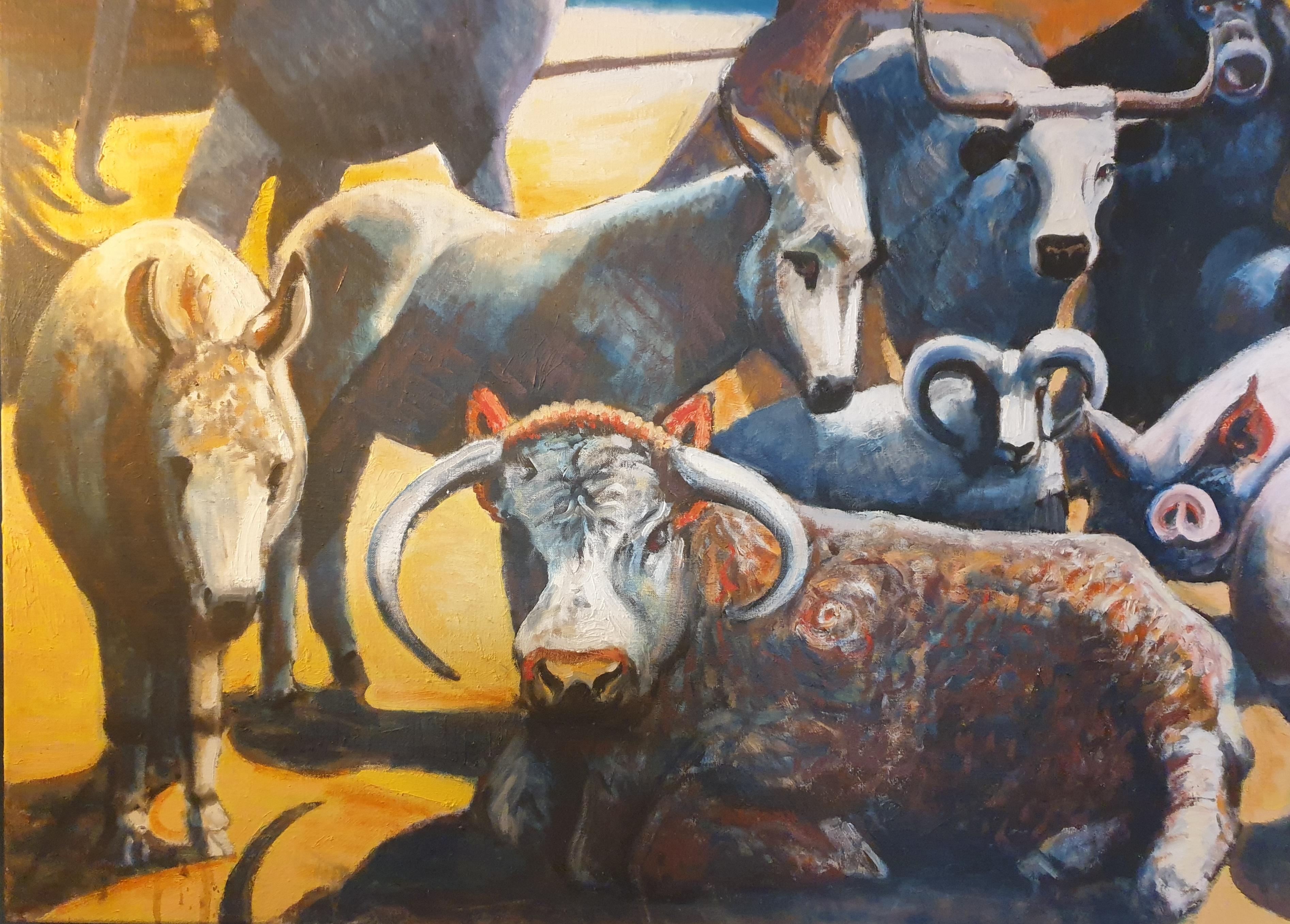 Huile sur toile surréaliste à grande échelle, « Noah's Ark and the Animals » - Surréalisme Painting par Derek Carruthers