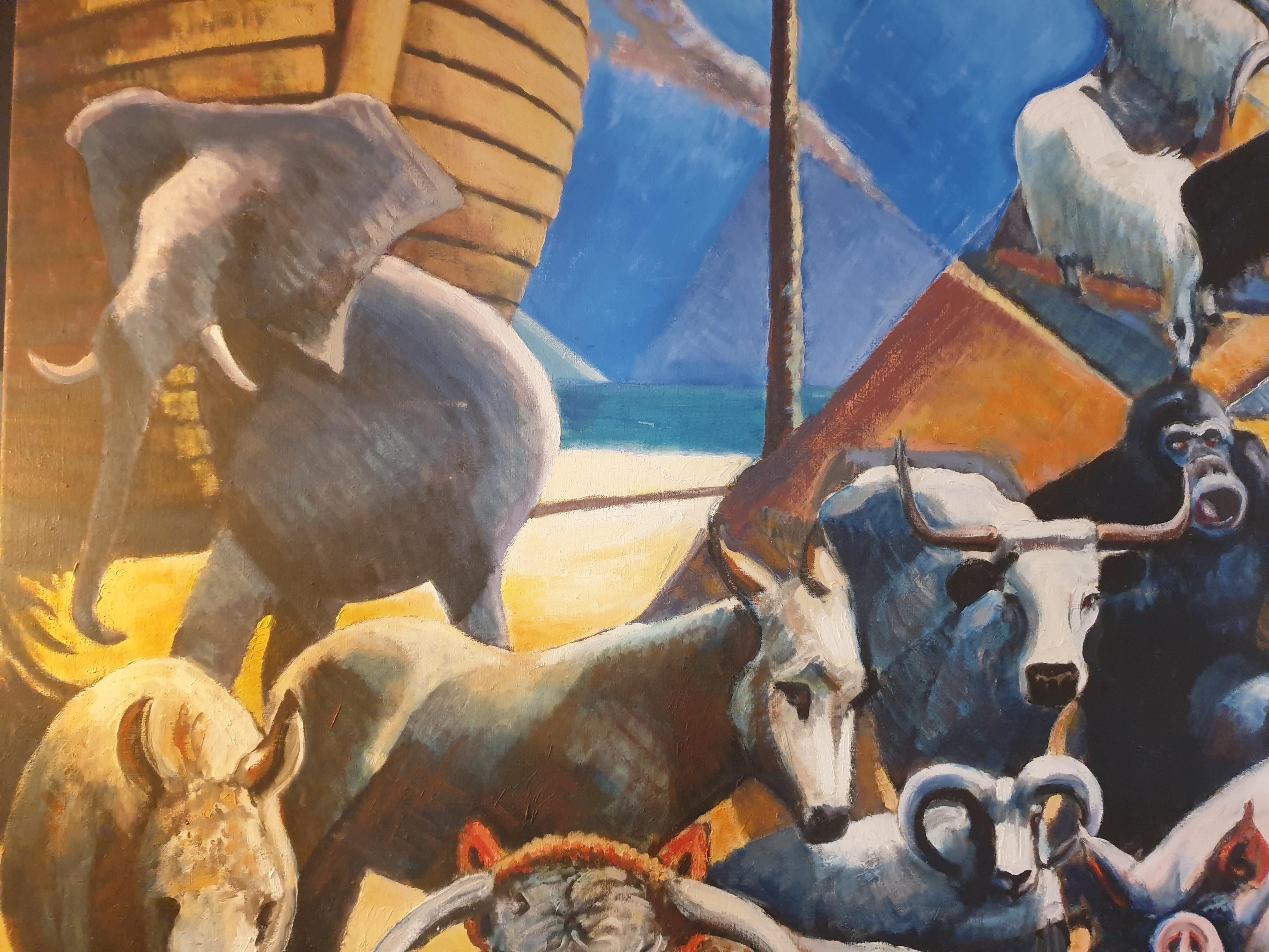 Très grande huile sur toile de la fin du 20e siècle représentant l'Arche de Noé et les Artistics par l'artiste britannique Derek Carruthers. Signé en bas à droite.

Une peinture magique, très colorée et énergique de l'arche de Noé et de ses animaux.