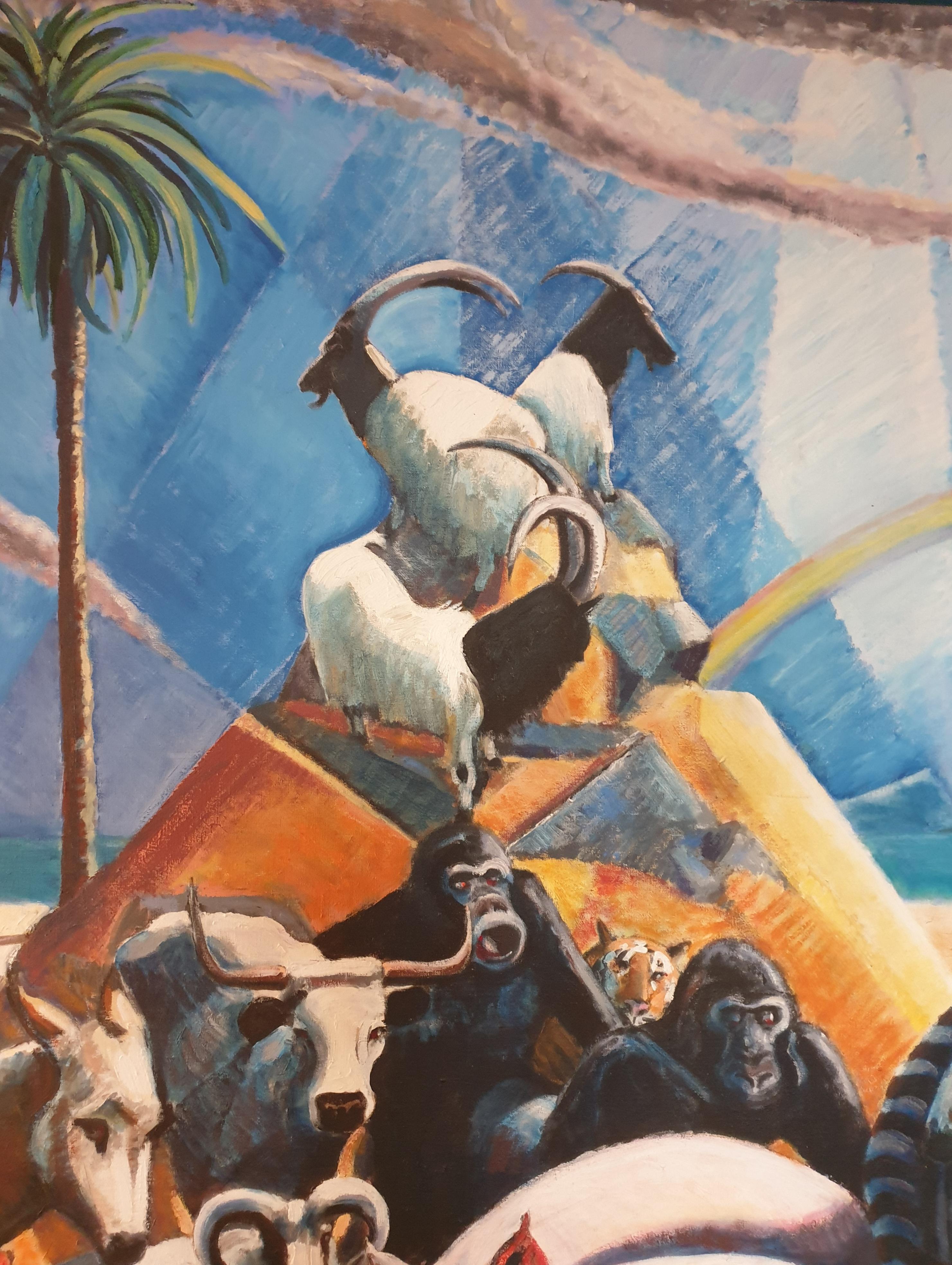 Huile sur toile surréaliste à grande échelle, « Noah's Ark and the Animals » en vente 1