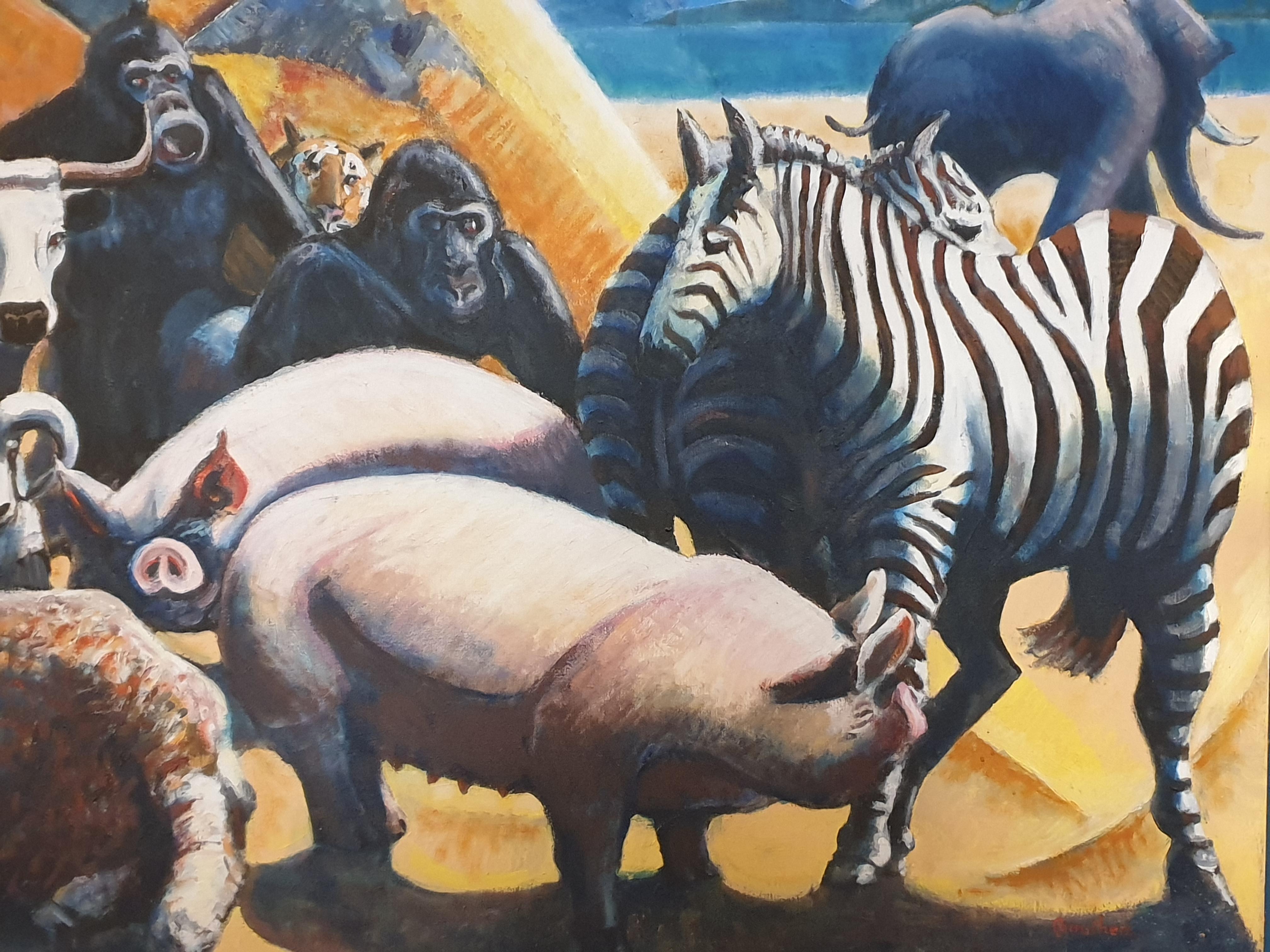 Large Scale Surrealist Oil on Canvas, 'Noah's Ark and the Animals'. For Sale 3