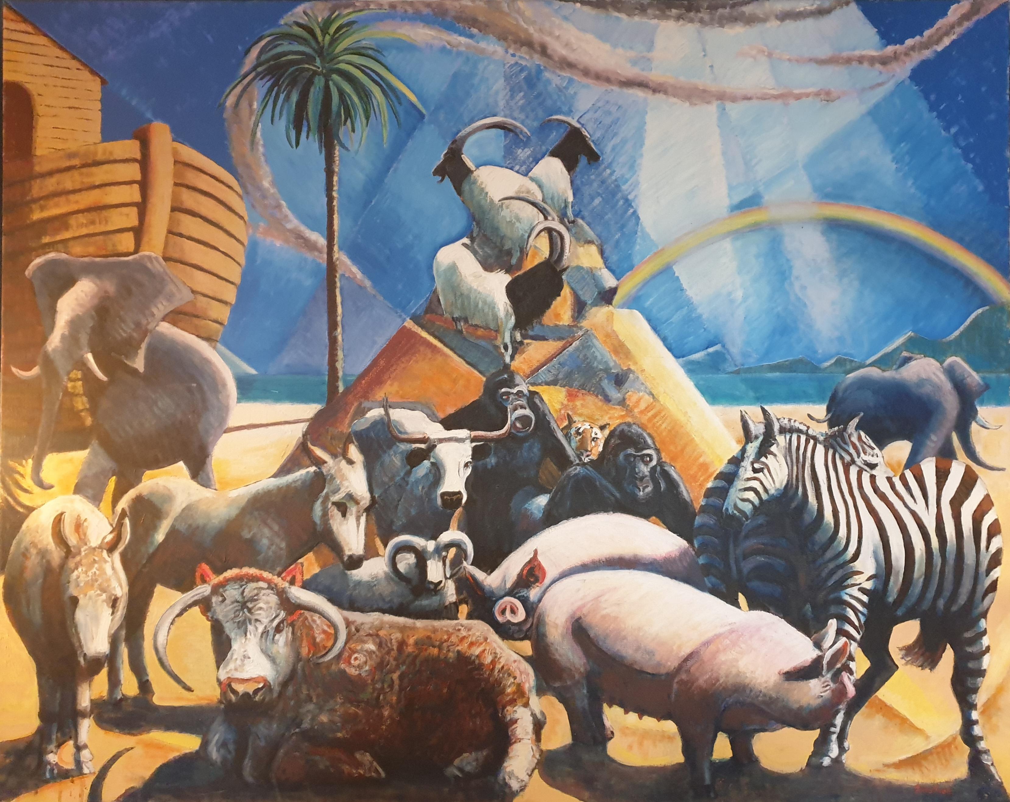 Animal Painting Derek Carruthers - Huile sur toile surréaliste à grande échelle, « Noah's Ark and the Animals »