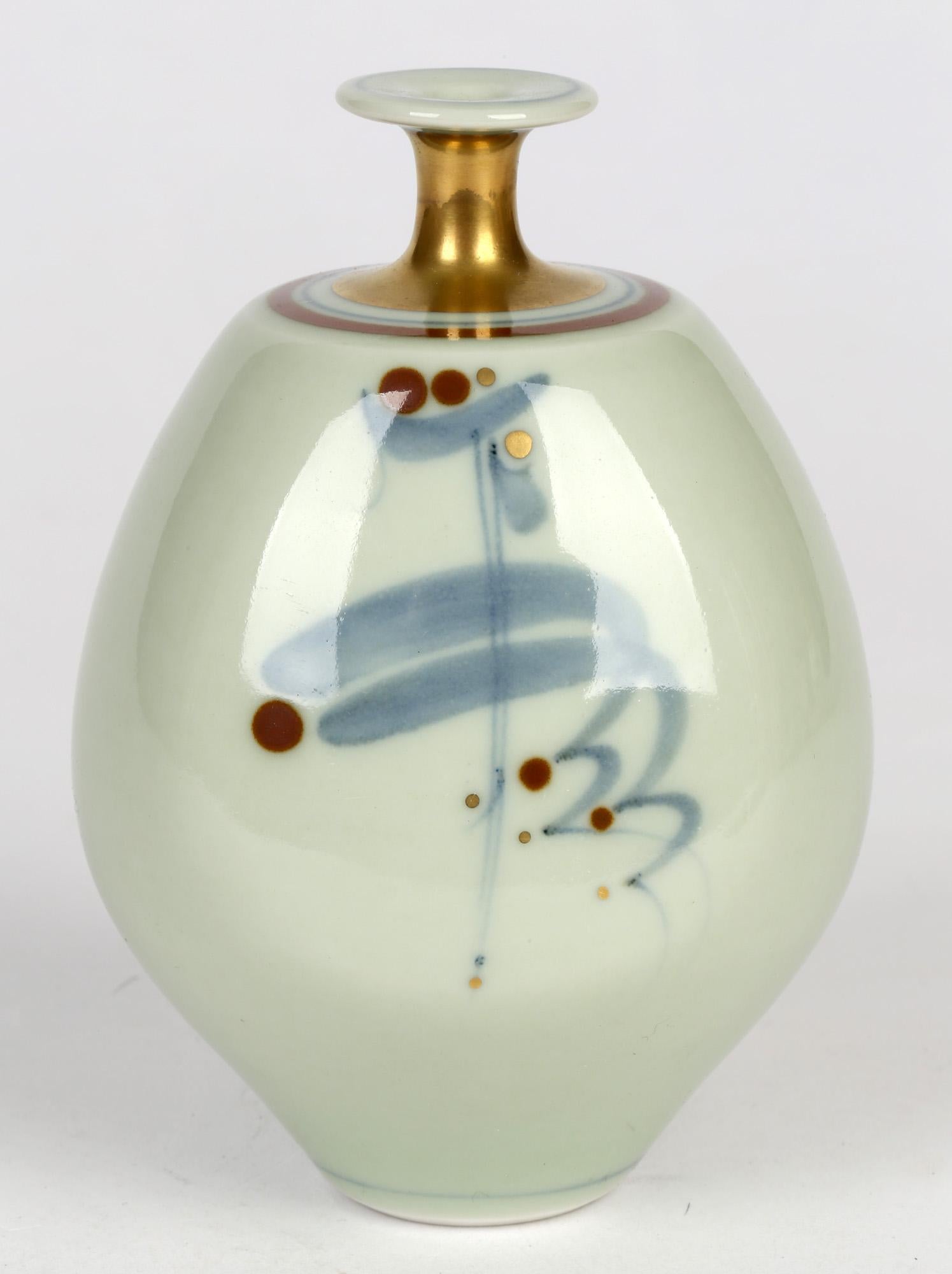 Derek Clarkson Brush Decorated Porcelain Celadon Glazed Studio Vase In Good Condition In Bishop's Stortford, Hertfordshire