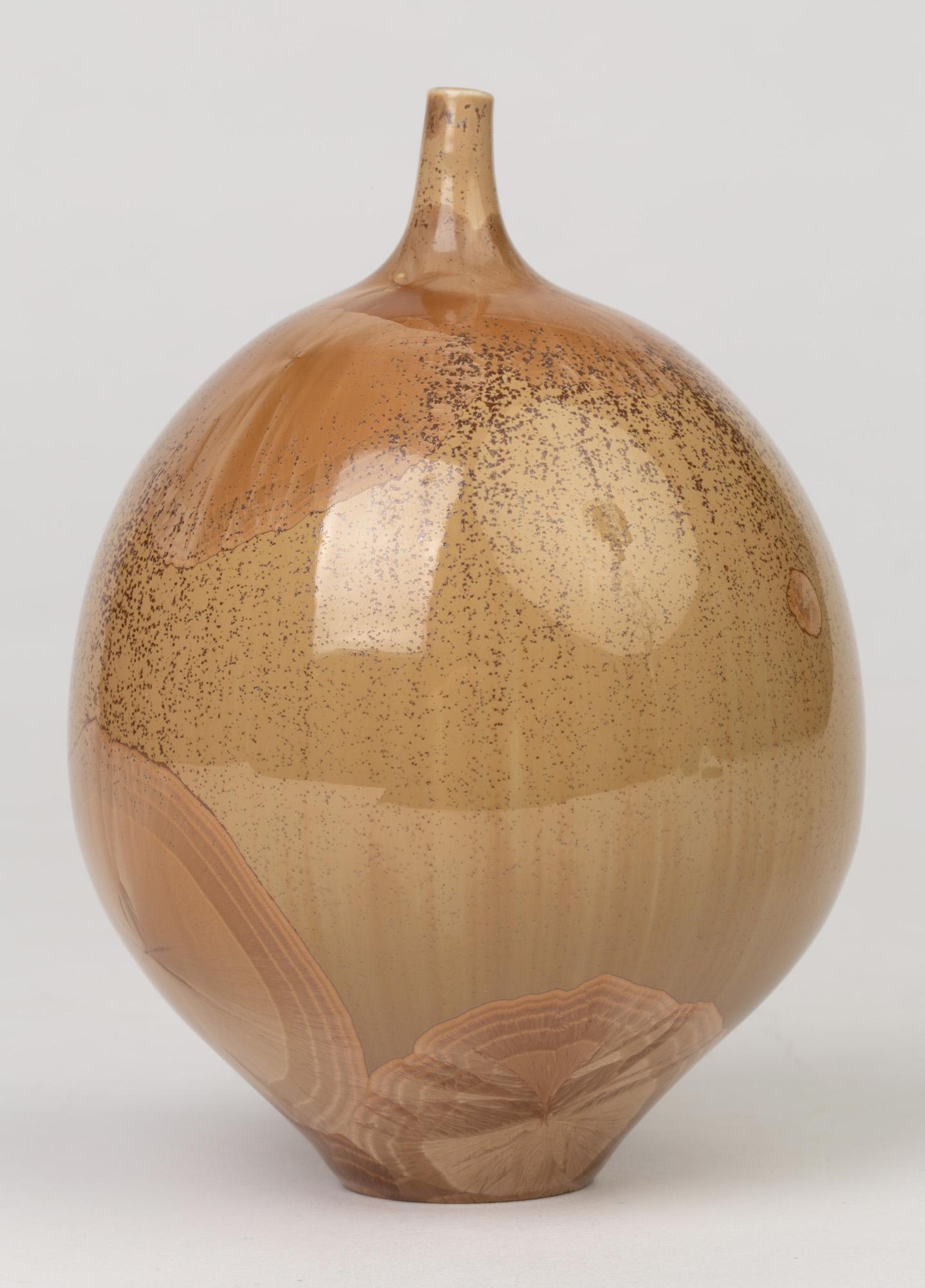 Hand-Crafted Derek Clarkson Studio Pottery Brown Crystalline Glazed Bottle Vase For Sale