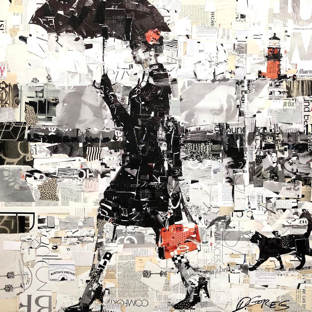 "Cliffside Catwalk" black and white collage of a woman walking with umbrella - Mixed Media Art by Derek Gores