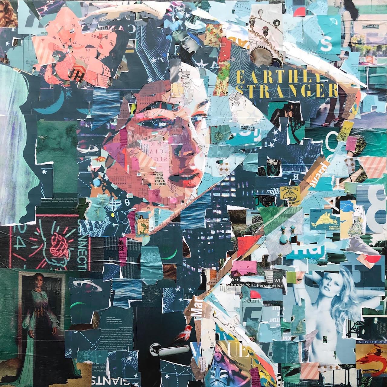 "Earthly Stranger" collage of a woman in turquoise and pinks - Mixed Media Art by Derek Gores