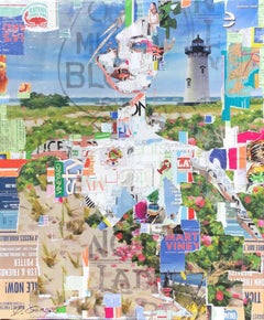 "Full Volume MV" colorful collage of woman and marthas vineyard lighthouse