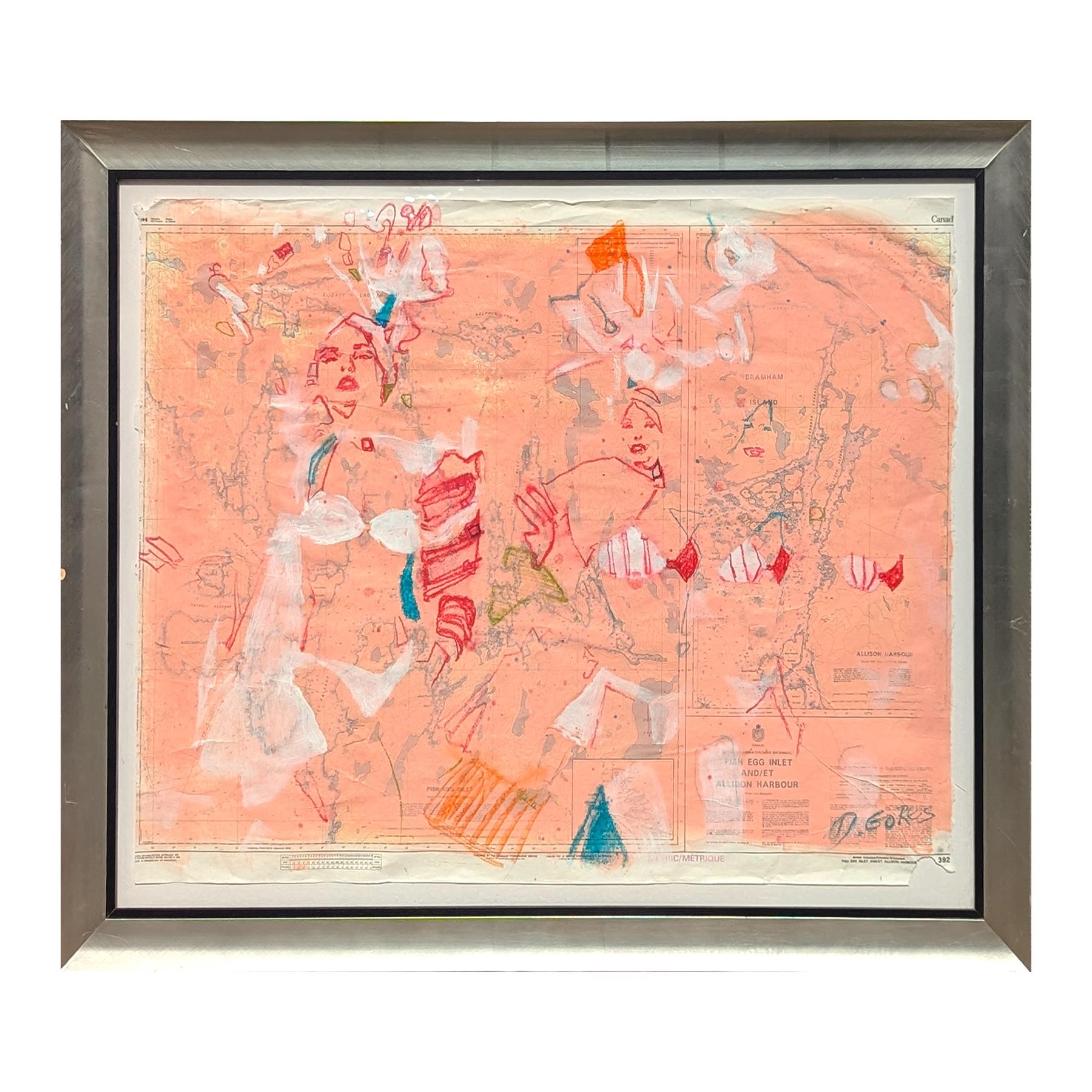 Pink and red toned figurative drawing of women by American artist Derek Gores. The work features four abstract depictions of female dancers in Havana set against a map. Signed in the front lower right corner. Currently hung in a silver