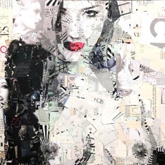 "Miss V Take 2" black and white collage portrait of a nude woman with red lips