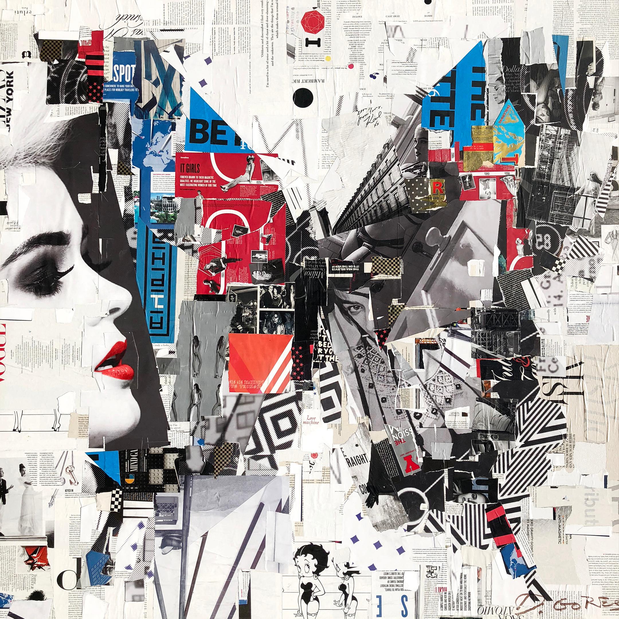 "Not Waiting in the Wings" collage of a butterfly in black, white, red, blue - Mixed Media Art by Derek Gores