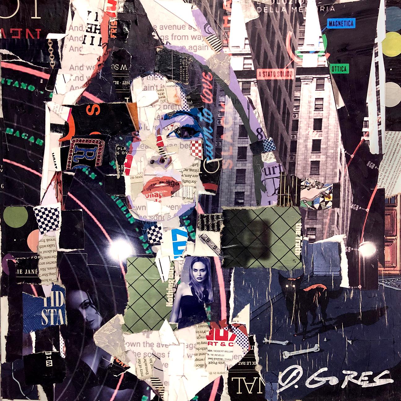 Derek Gores Portrait Painting - "Ms Elle" Collage of a woman's face with black, purple, and red