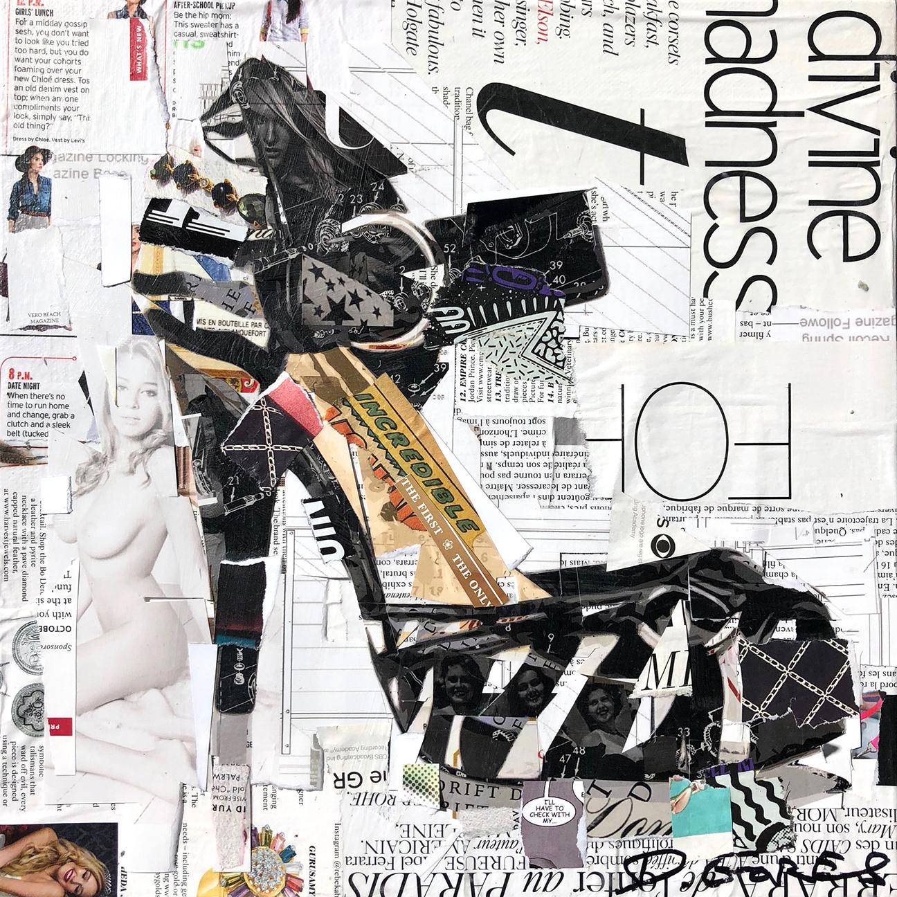 Derek Gores Still-Life Painting - "The One, The Only" Collage of  high heel shoe with black and white