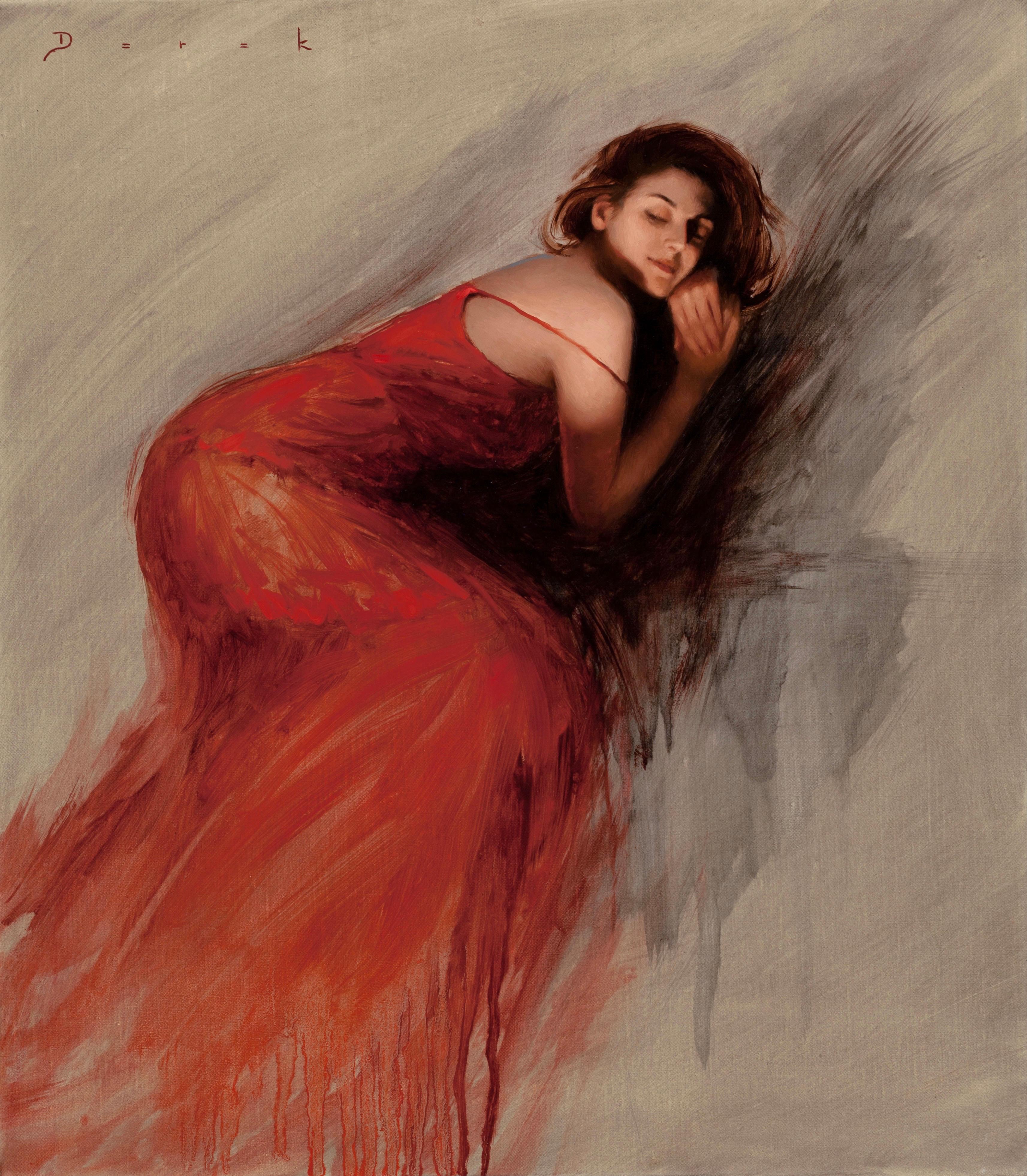"Crimson" di Derek Harrison (con sede negli Stati Uniti) è un dipinto a olio originale che raffigura una modella con un abito rosso.

Derek Harrison è un pittore rappresentativo che lavora nella tradizione classica, creando opere figurative e