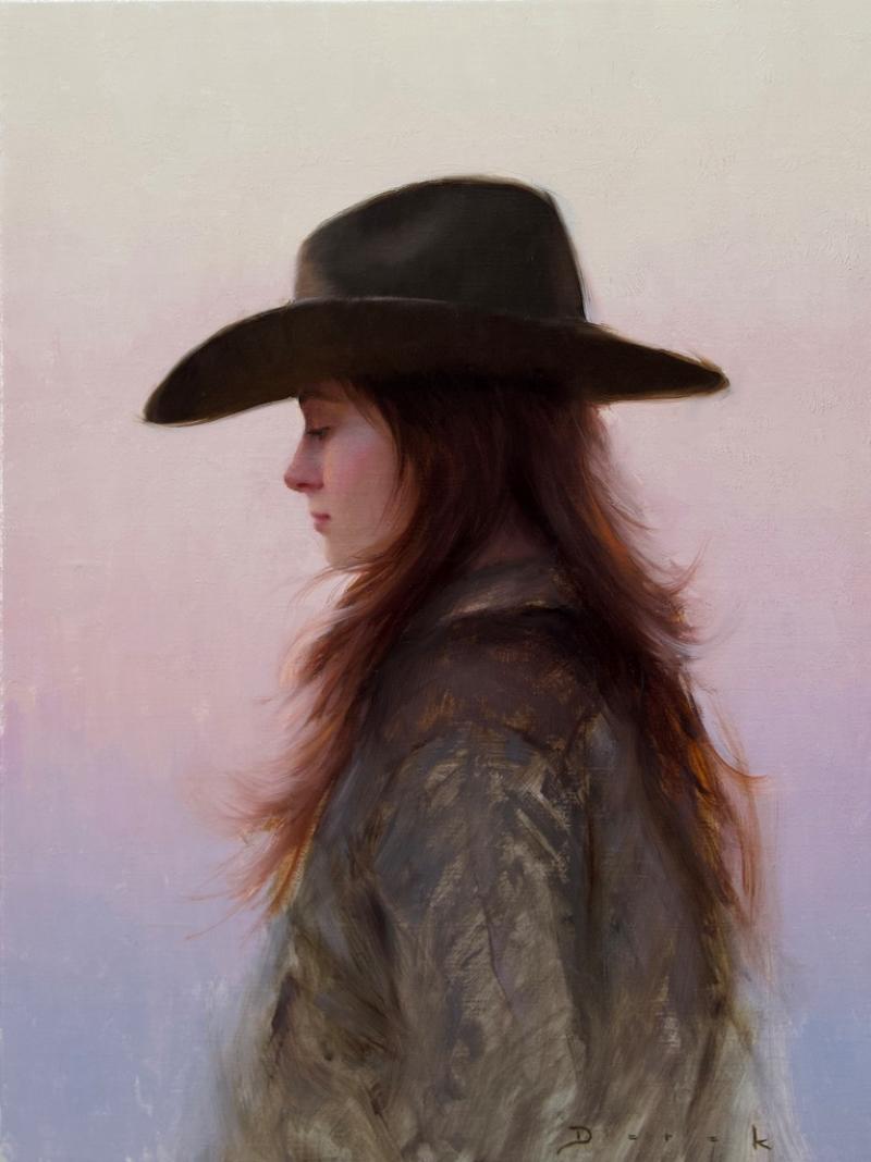 "Evening Solitude" di Derek Harrison (con sede negli Stati Uniti) è un dipinto a olio originale che raffigura una cowgirl di profilo con un cappello da cowboy nero. 

Derek Harrison è un pittore rappresentativo che lavora nella tradizione classica,