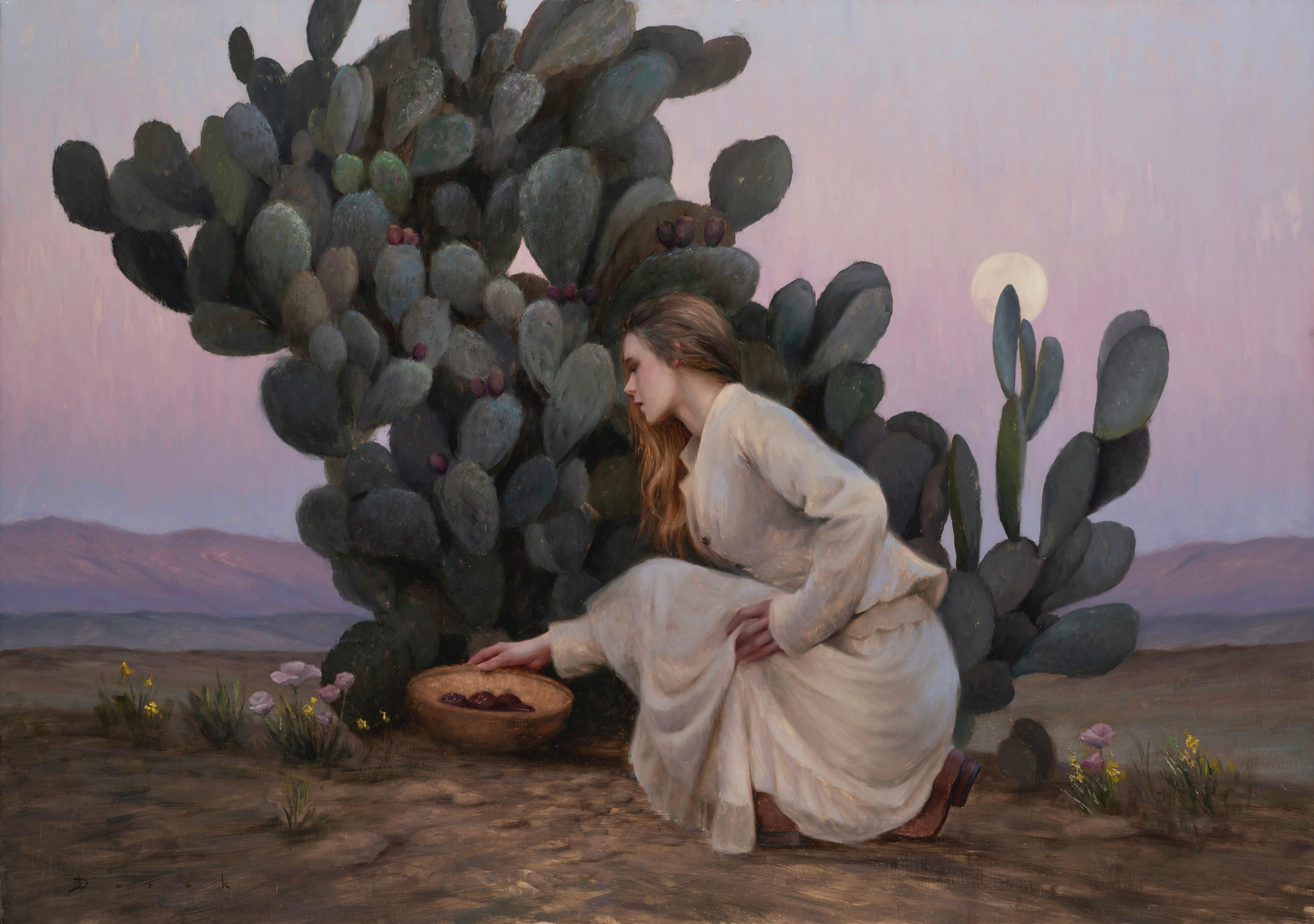 "Prickly Pear" di Derek Harrison (con sede negli Stati Uniti) è un dipinto a olio originale che raffigura una modella che raccoglie frutta in un paesaggio illuminato dalla luna con una grande pianta di cactus. 

Derek Harrison è un pittore