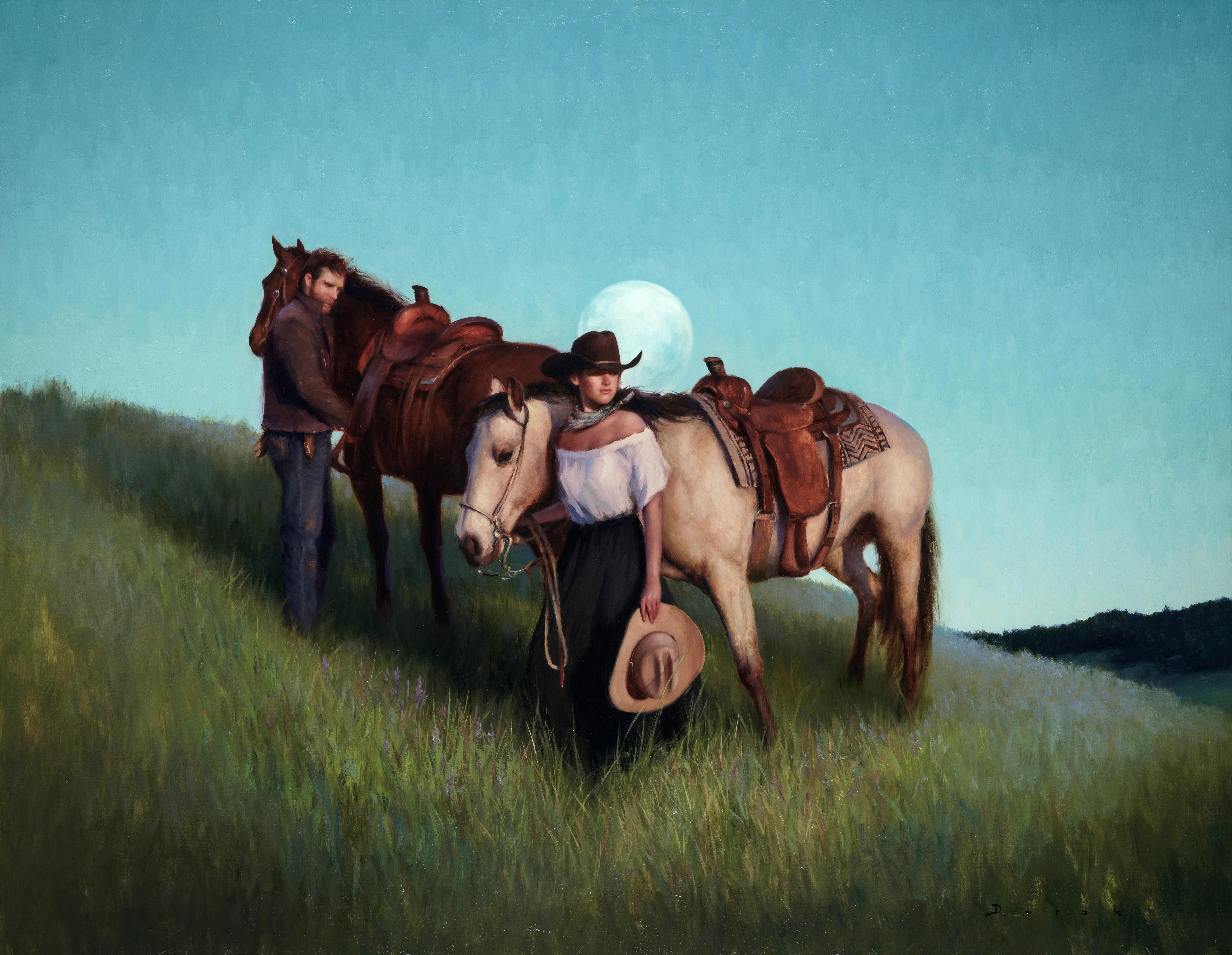 "Rising" di Derek Harrison (con sede negli Stati Uniti) è un dipinto a olio originale che raffigura una coppia western con cavalli su una collina. 

Derek Harrison è un pittore rappresentativo che lavora nella tradizione classica, creando opere