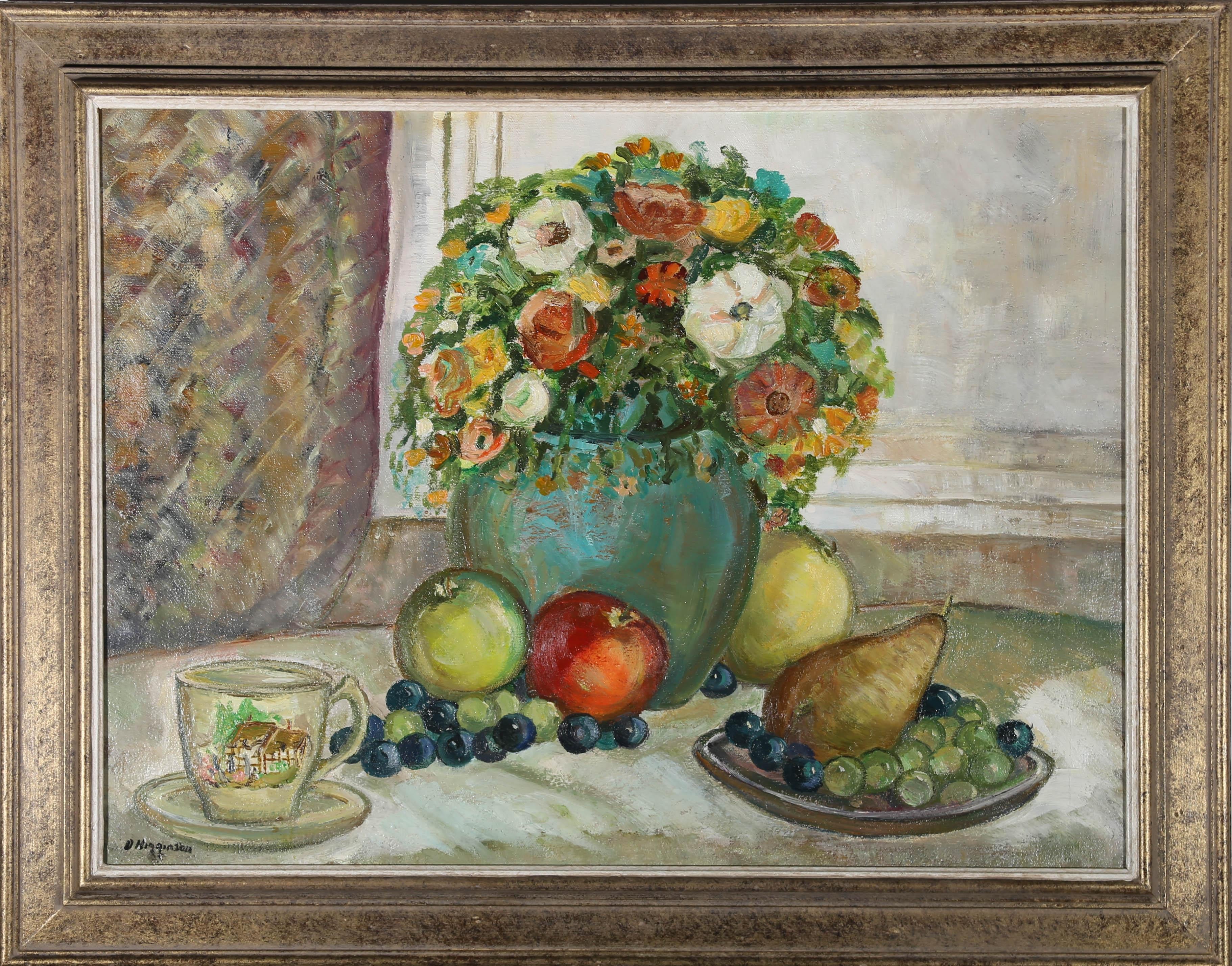 A charming impressionistic study of a vase of flowers and fruit placed before a window. Signed to the lower right. Presented in a gilt frame with a white painted slip. On canvas on stretchers.
