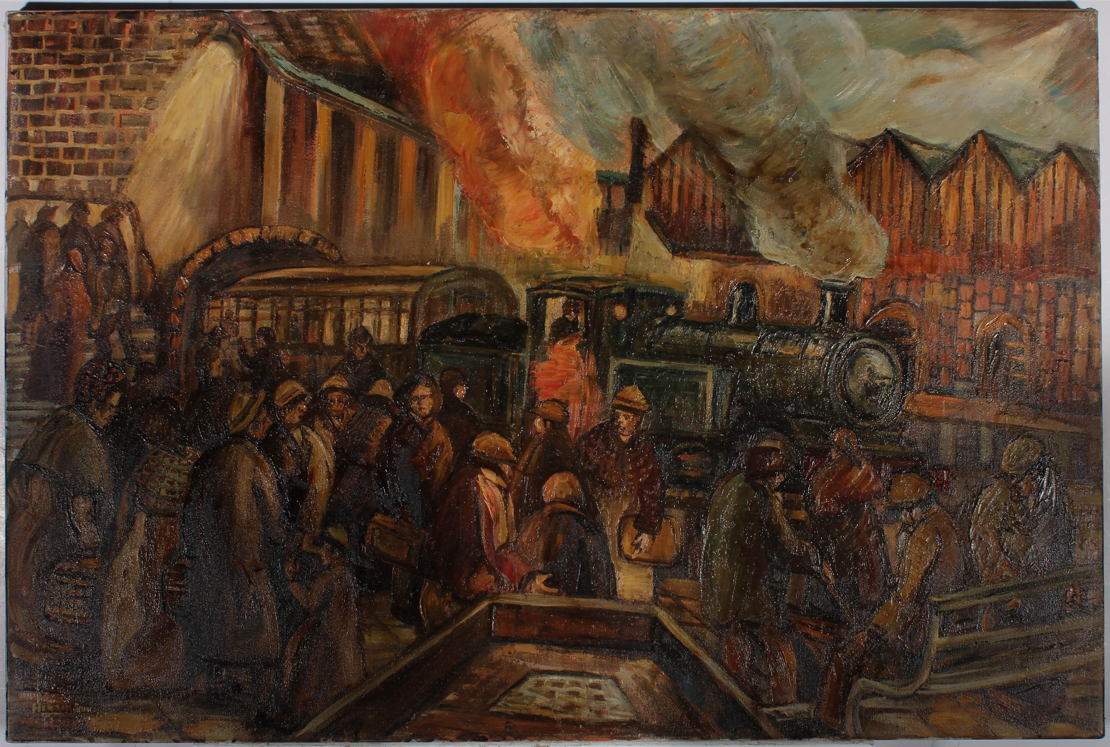 An original industrial themed oil painting by Derek Higginson, depicting a crowd of figures gathered on a busy station planform. Many of the figures seem eager to bored the evening steam train, positioning themselves as close as possible to the