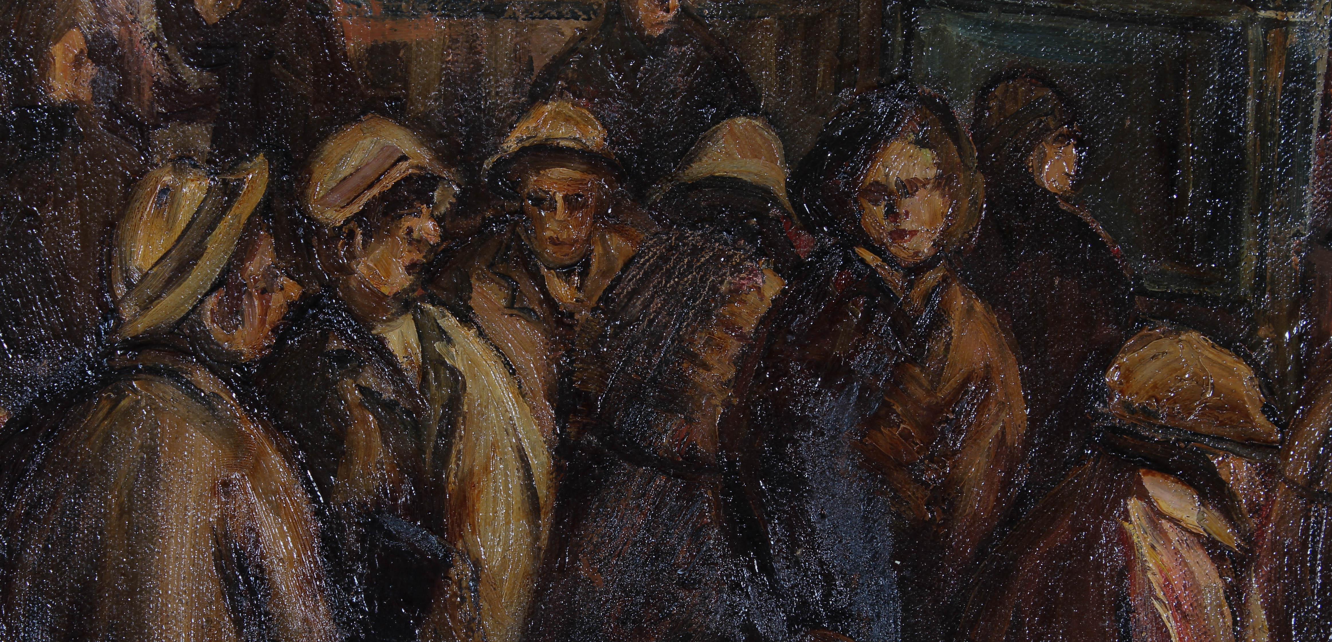 An original industrial themed oil painting by Derek Higginson, depicting a crowd of figures gathered on a busy station planform. Many of the figures seem eager to bored the evening steam train, positioning themselves as close as possible to the