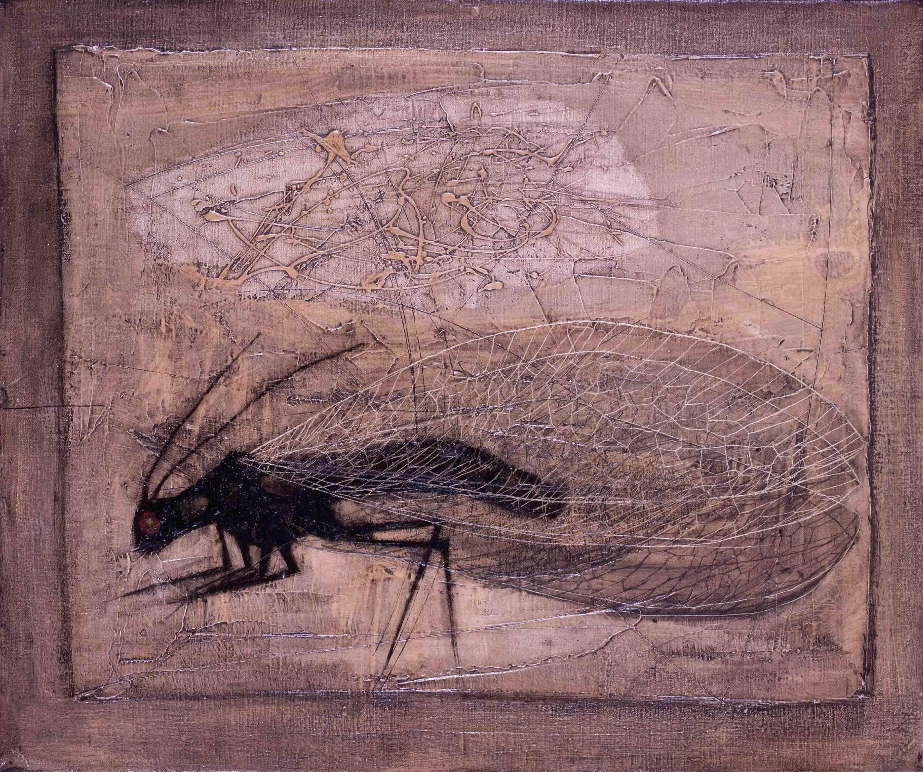 Pintura al óleo de 1952 de una mosca doméstica del artista británico Derek Hirst, en grises negros en venta 1