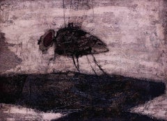1952 oil painting of a house fly by British artist Derek Hirst, in blacks greys