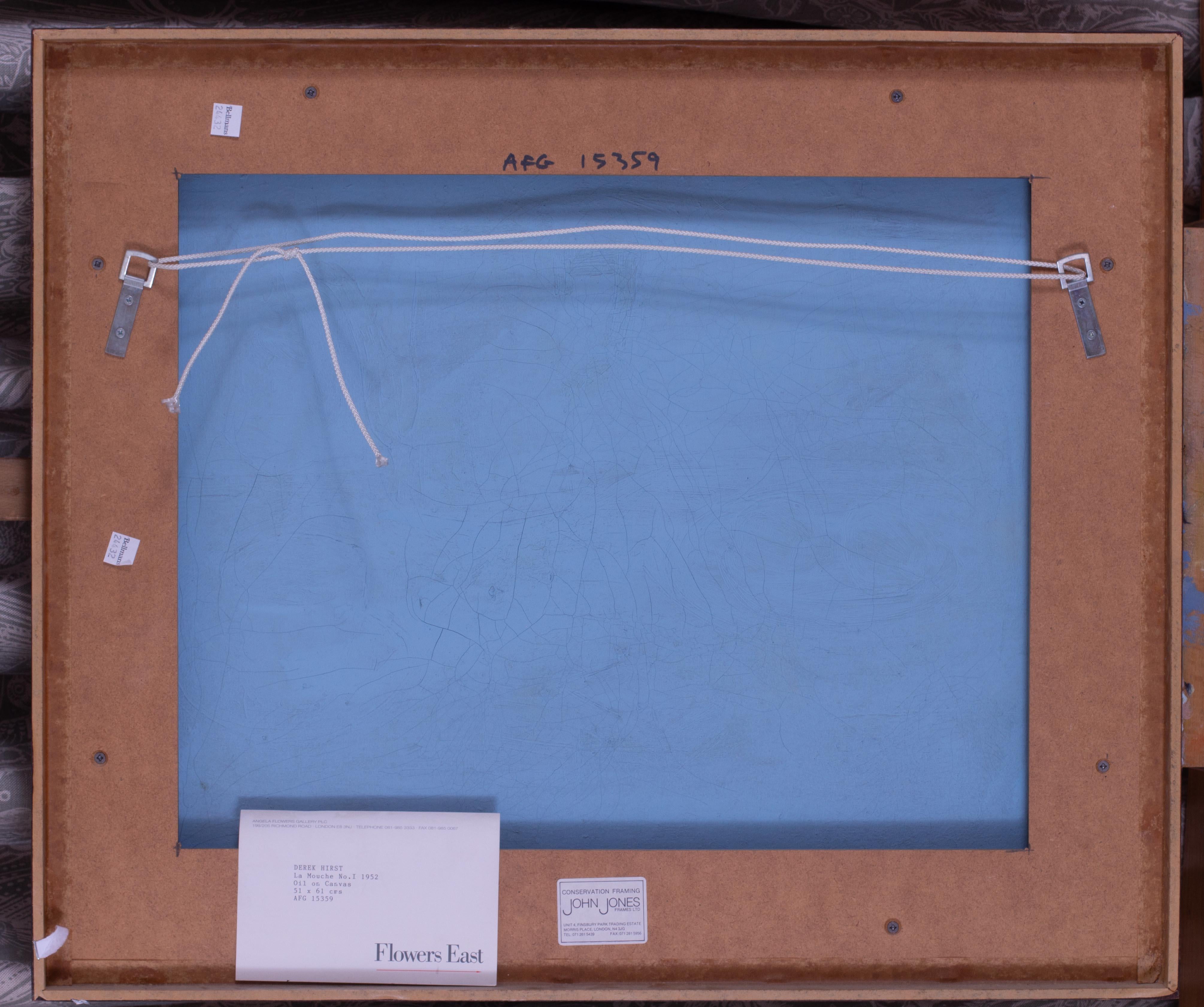 Pintura al óleo de 1952 de una mosca doméstica del artista británico Derek Hirst, en grises negros en venta 5