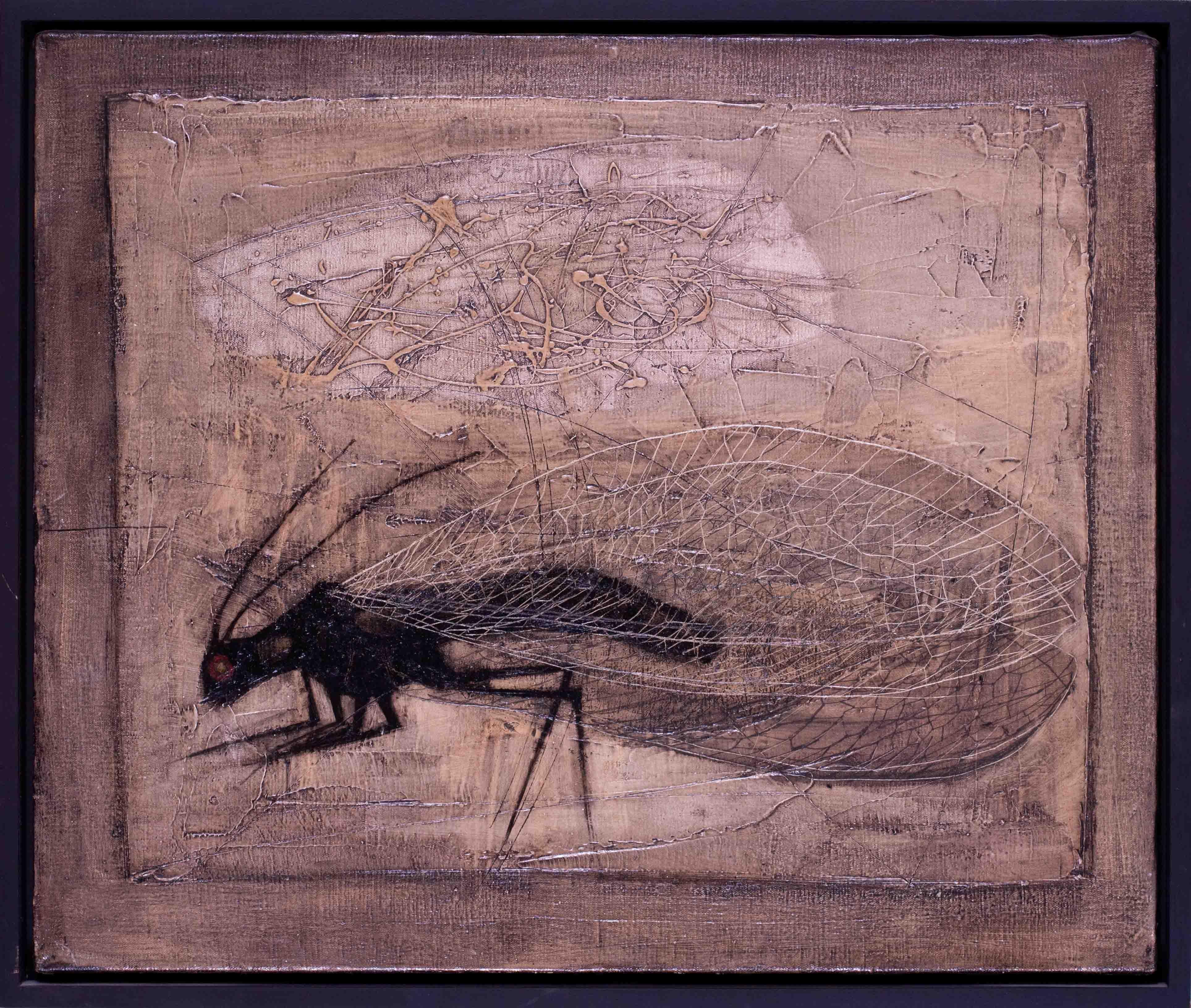 Pintura al óleo de 1952 de una mosca doméstica del artista británico Derek Hirst, en grises negros