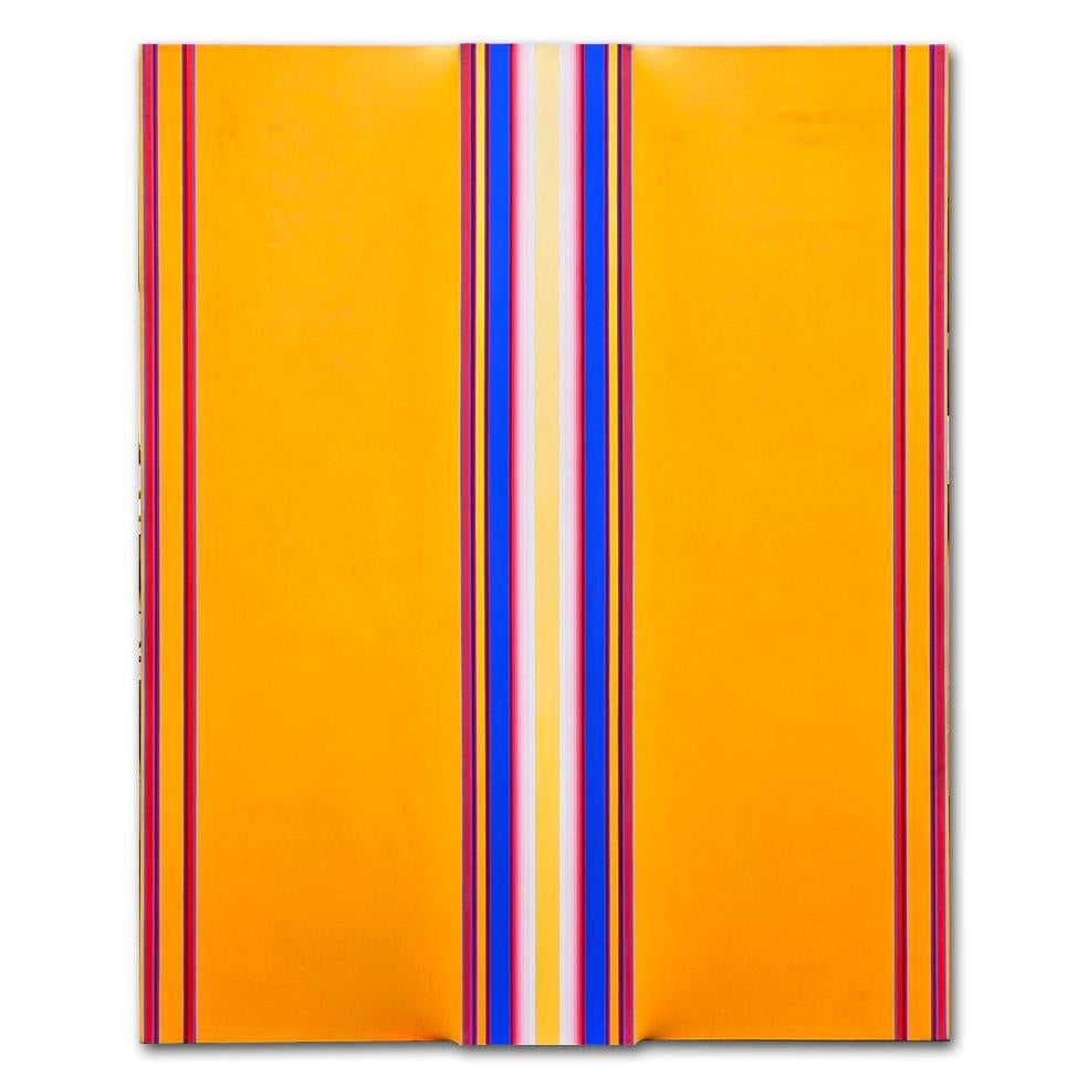 A very eye catching, large and vibrant vertical abstract work by British artist Derek Hirst painted in 1976.  The work has a strong orange background with blue, red and yellow vertical stripes in the middle and side sections.  The middle section is