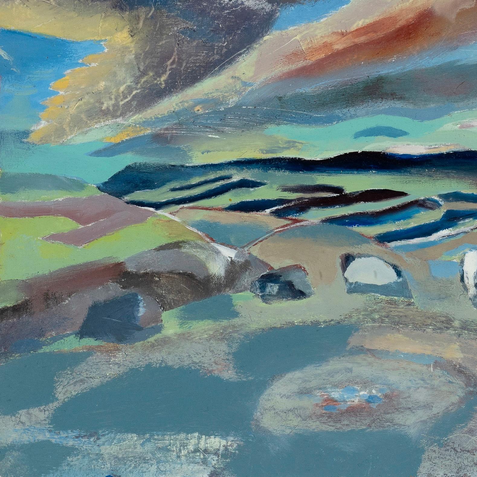Derek Hyatt (1931-2015)  
Zwölf Pfeile, West Yorkshire
Öl auf Karton
30,6 x 29,3 cm; (im Rahmen) 45,8 x 43,4 cm.

Provenienz: 
Die Sammlung Margaret Bailey (1930-2022);
Private Collection, Vereinigtes Königreich.

Eine elektrische Sonne durchbricht