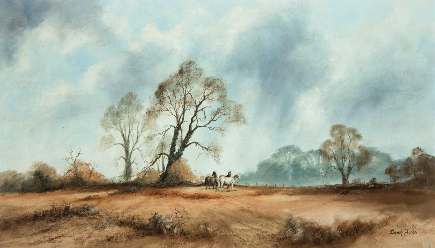 Derek Jones - Firmato c. 1978 Olio, Cavalli in un arido paesaggio autunnale in vendita 1