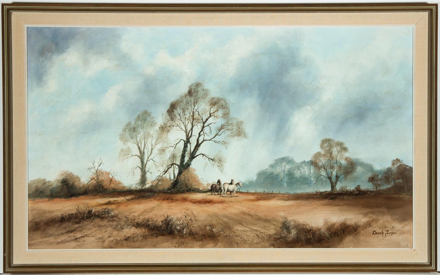 Un vaste paysage rural avec un groupe de chevaux regardant les arbres stériles d'automne. Bien présenté dans un cadre moderne effet bois avec un slip en toile de jute. Il y a une inscription cadeau au revers qui est datée de 1978. Signé. Sur toile